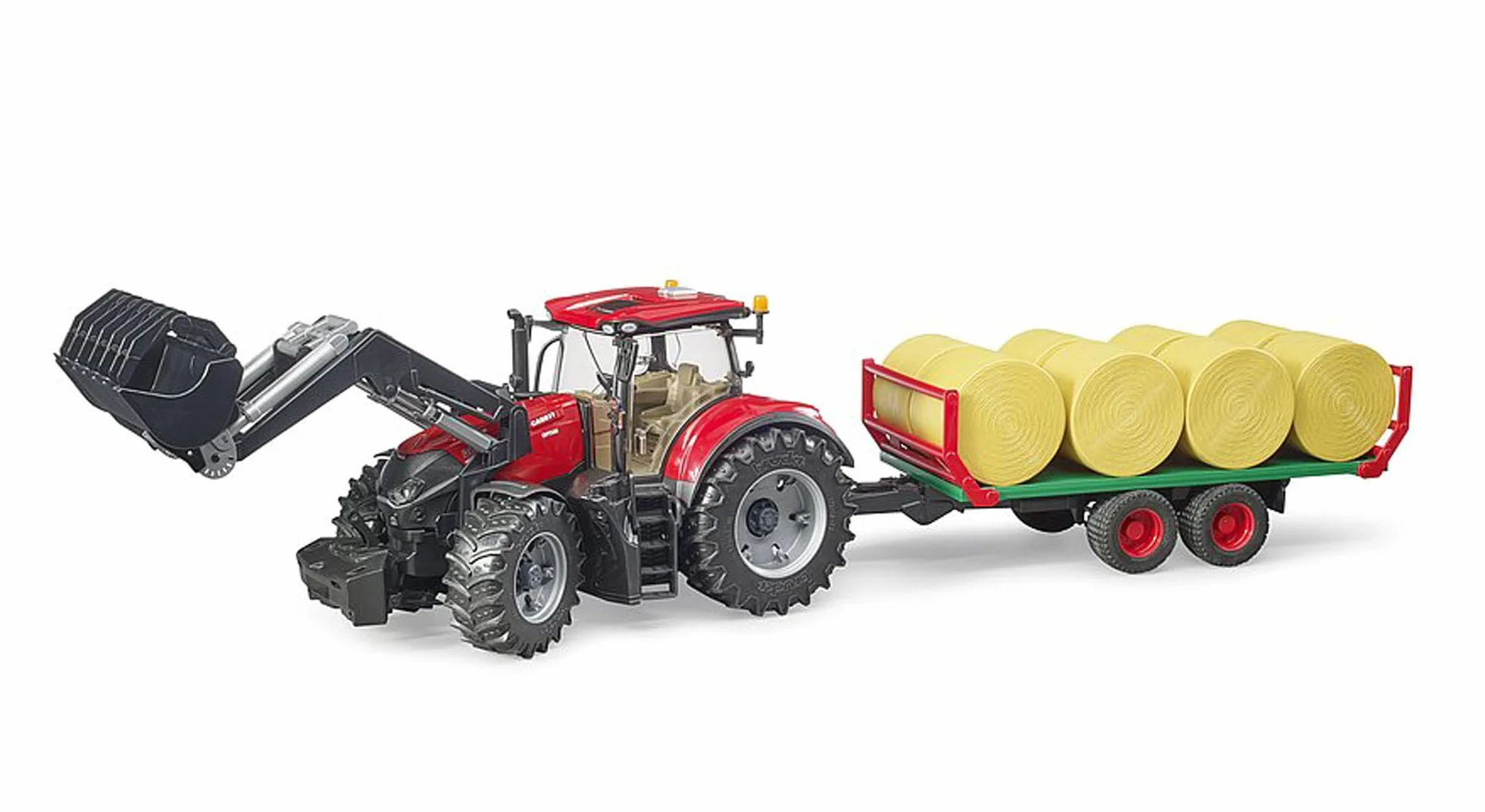 bruder 03198 - Case IH Optum 300CVX con caricatore frontale e rimorchio per trasporto balle, trattore, rimorchio per balle
