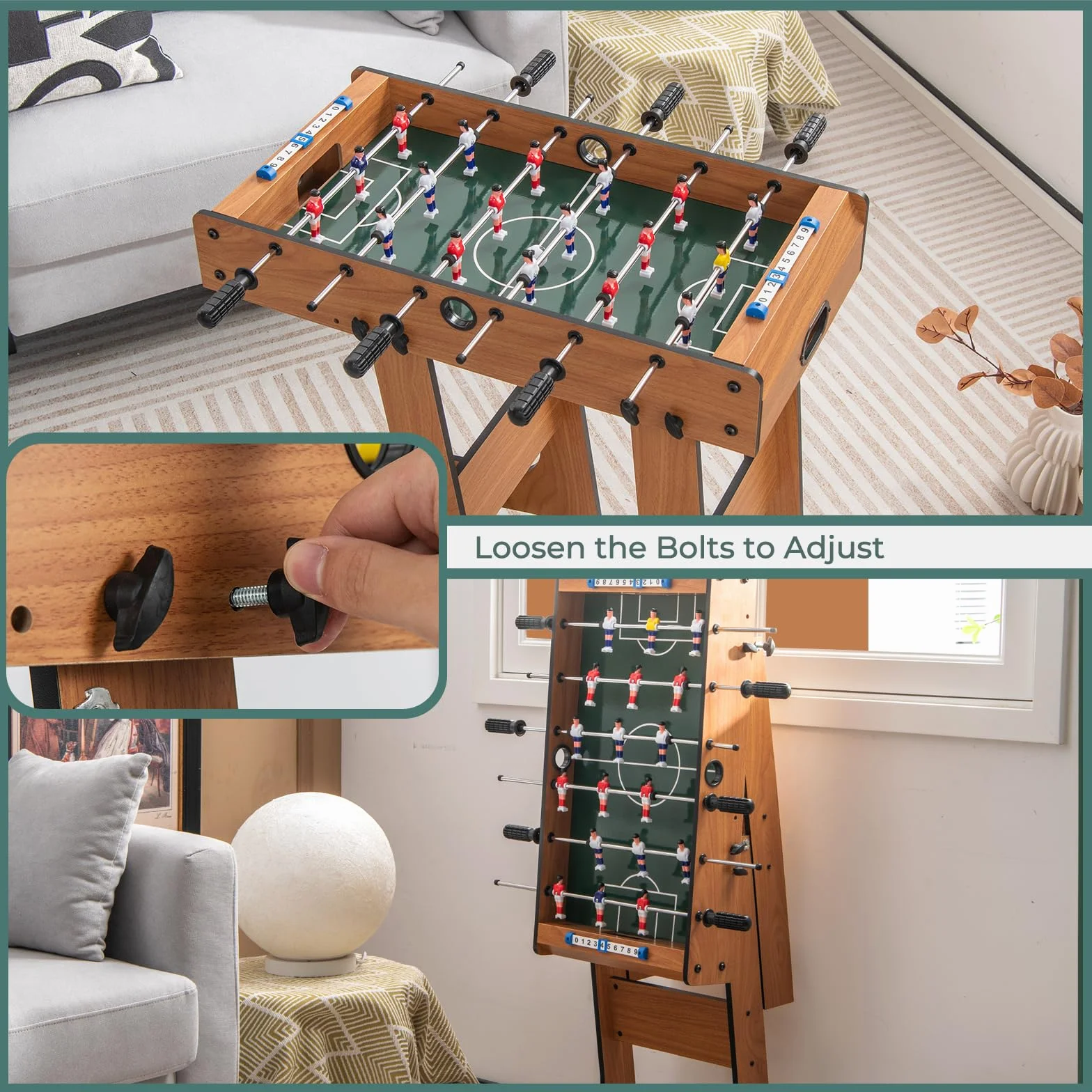 HOMASIS Calcio Balilla Pieghevole in Legno, Calcetto da Tavolo con 6 Aste, 18 Giocatori, 2 Caolcio e Segnapunti, Biliardino da Casa per Bambini e Adulti, 69 x 60 x 71 cm