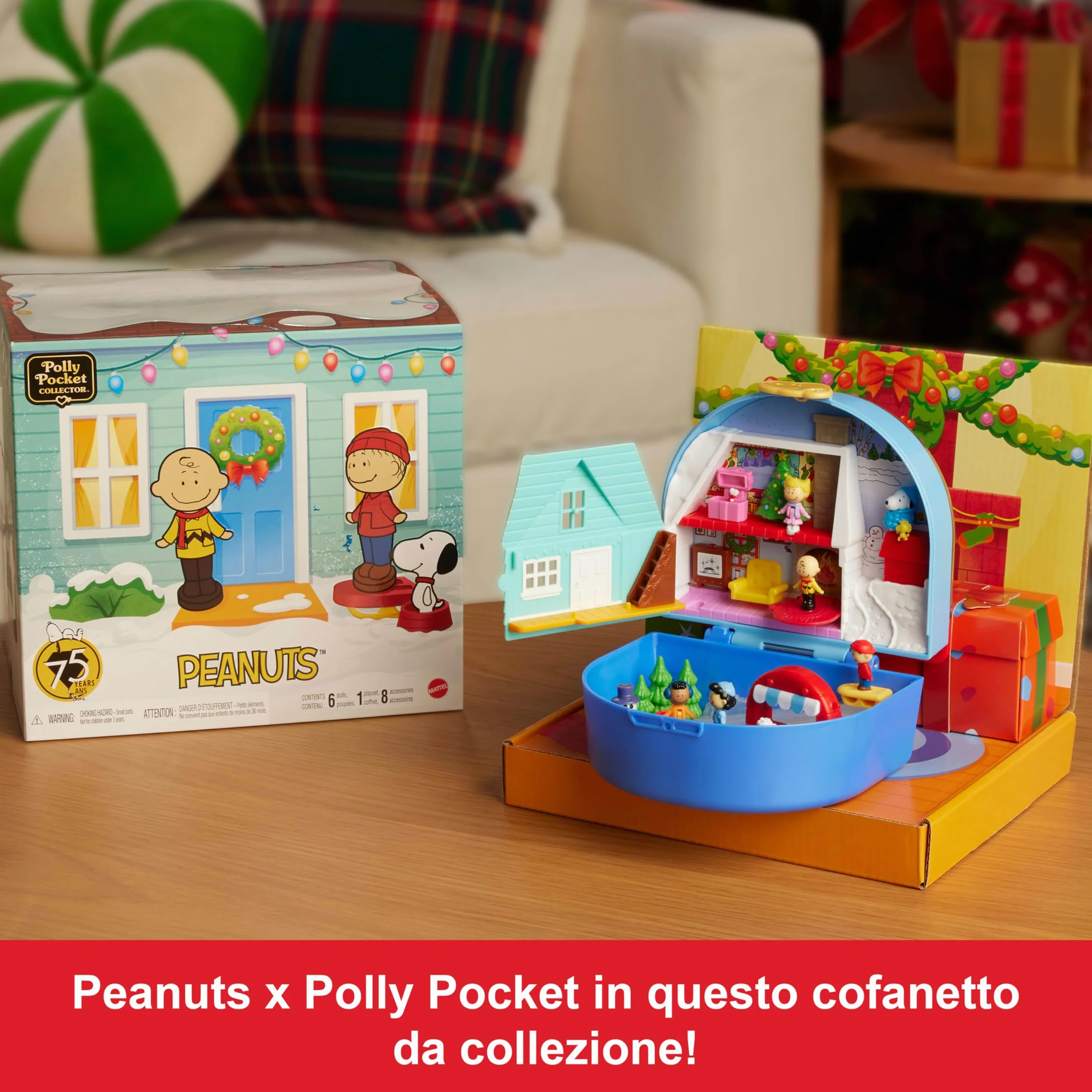 Mattel Polly Pocket x Peanuts - Cofanetto da collezione, set con 2 micro bambole Snoopy e Woodstock, 4 luoghi iconici e 7 accessori a tema inclusi, giocattolo per bambini, 4+ anni, JFV05