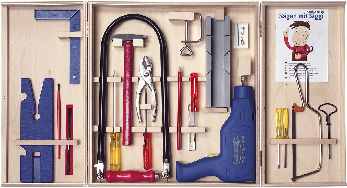 Pebaro 408PL - Armadietto per Sega a Foglie di qualità, 28 Pezzi, Set Completo in armadietto in Legno, Utensili in Acciaio, Curvo per traforo Realizzato in Germania, Trapano, Fai da Te con Legno,