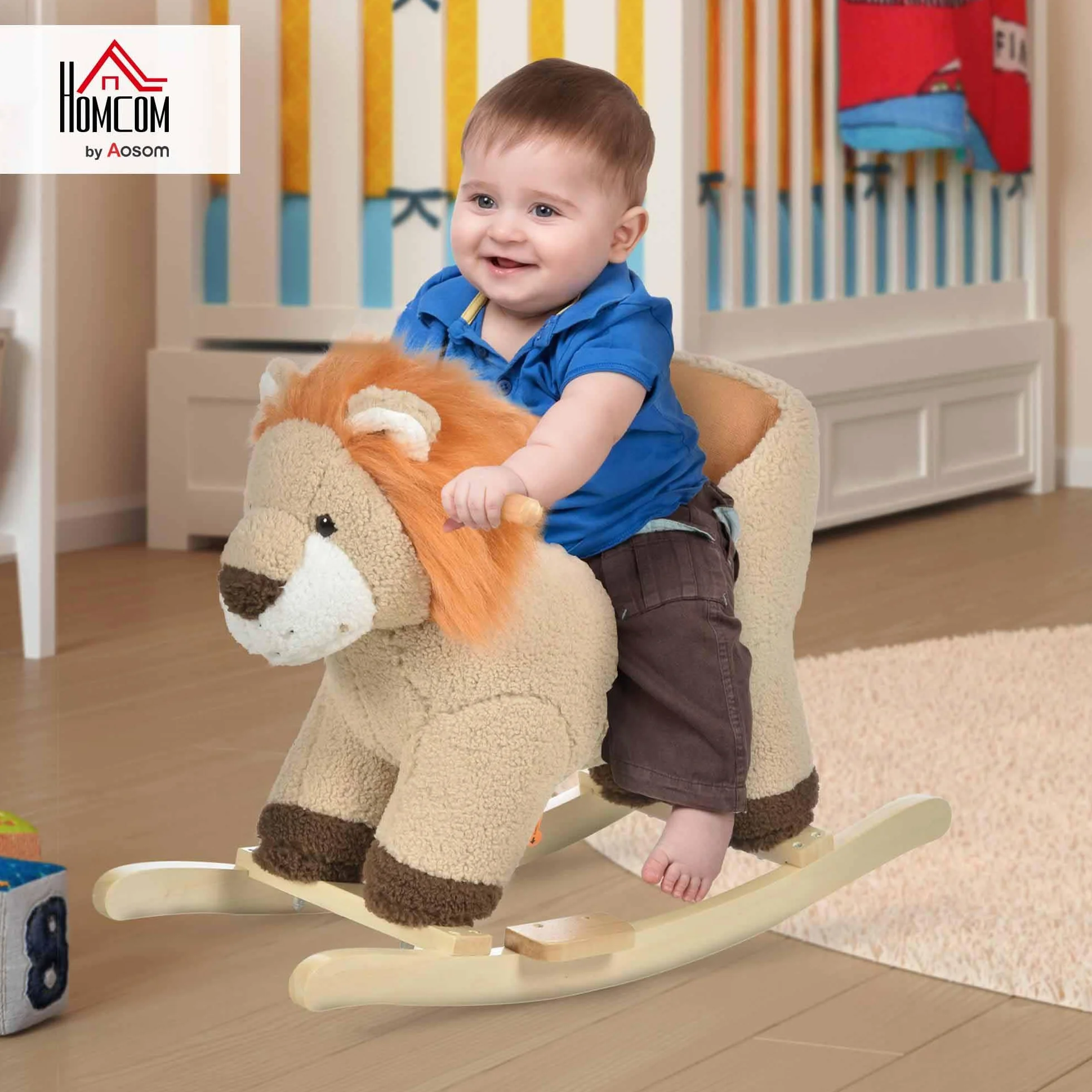 HOMCOM Dondolo Giocattolo a Forma di Leone per Bambini 18-36 Mesi, Ruggisce (3 Batterie Incluse), in Legno e Peluche