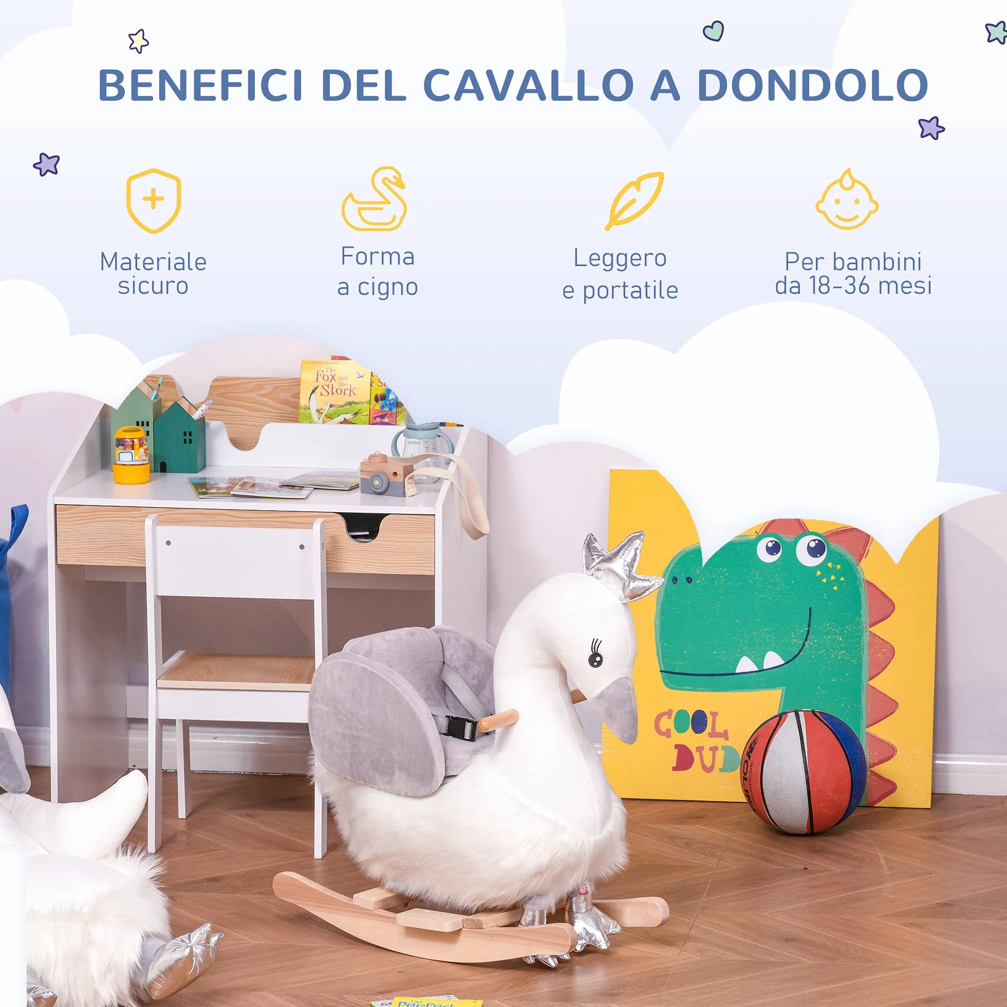 HOMCOM Cavallo a Dondolo per Bambini a Forma di Cigno, Dondolo Giocattolo Cavalcabile per Bambini 18-36 Mesi (Max 40kg), in Legno di Pioppo e Peluche, Bianco e Grigio
