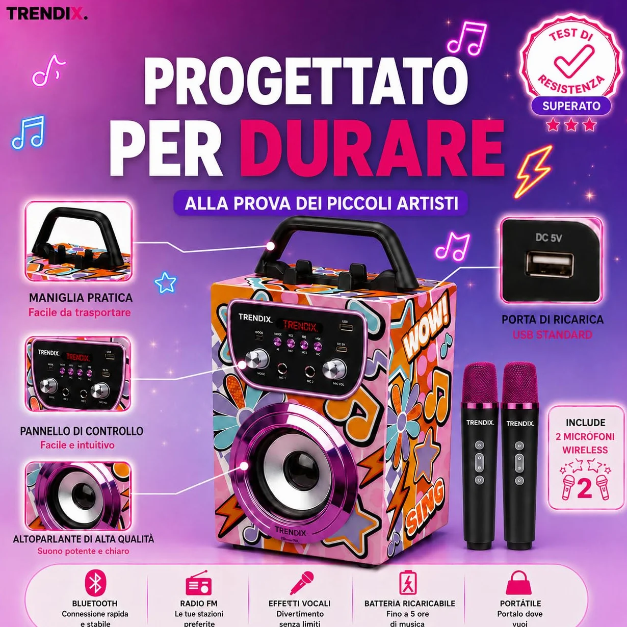 Trendix - Karaoke Per Bambini Magic Melody | Cassa Bluetooth Con Microfono, Radio Fm, Usb | Cassa Karaoke Con 2 Microfoni | 2 Microfoni Bluetooth | Regalo