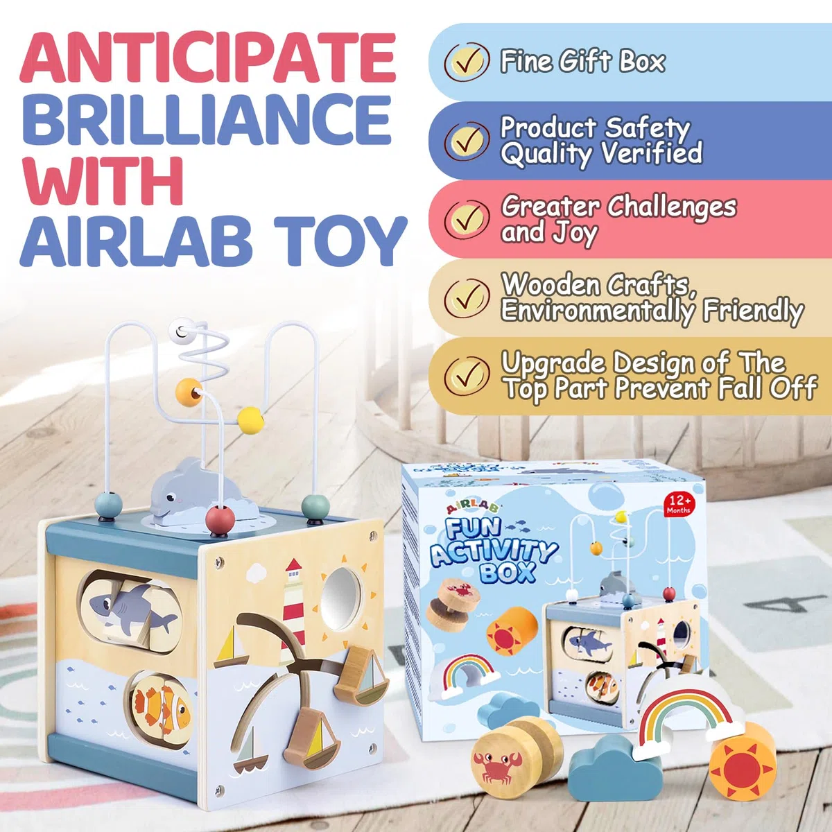 Airlab Cubo Montessori 1 Anno, Giochi Bambini Bambina Bambino 2 3 4 anni, Giochi Legno Bimba Bimbo Educativi Montessori, Labirinti di Perline, Giocattoli Regalo Compleanno Natale Ragazzi Ragazze 1 2 3