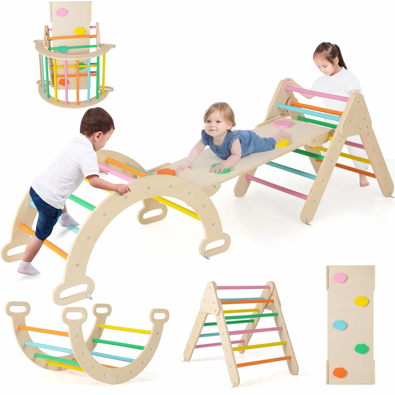 Fantask Struttura da arrampicata 4 in 1 legno con scivolo triangolo arco altalene per bambini 1 anno