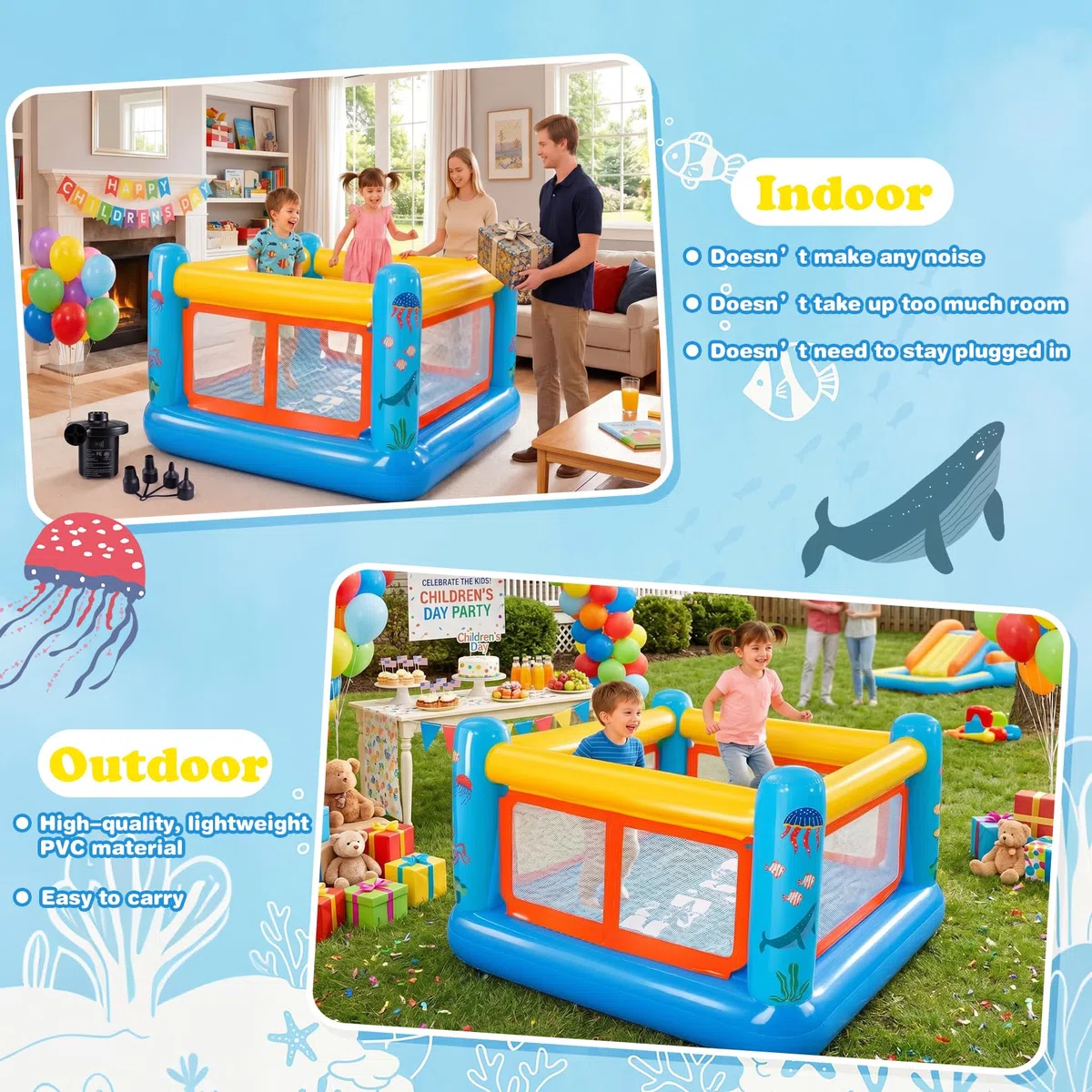 Castello gonfiabile per bambini da 3 a 6 anni, per interni ed esterni, in PVC resistente agli strappi, con piscina di palline rimovibile, cestino da basket e ventilatore (castello 3 in 1)