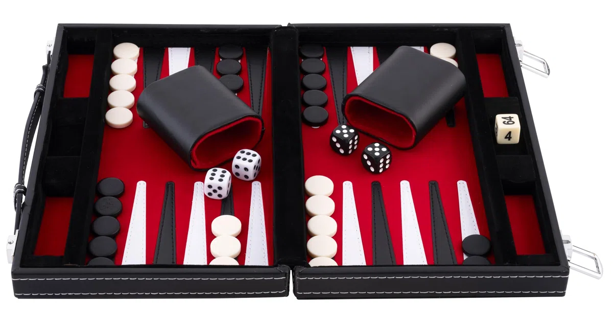 Engelhart - 250513 - Valigetta Backgammon 30 cm (11 Pollici) - Similpelle Rossa/Nera/Bianca con Interno in Velluto - Gioco da Tavolo Portatile per 2 Giocatori - Dai 6 Anni in Su