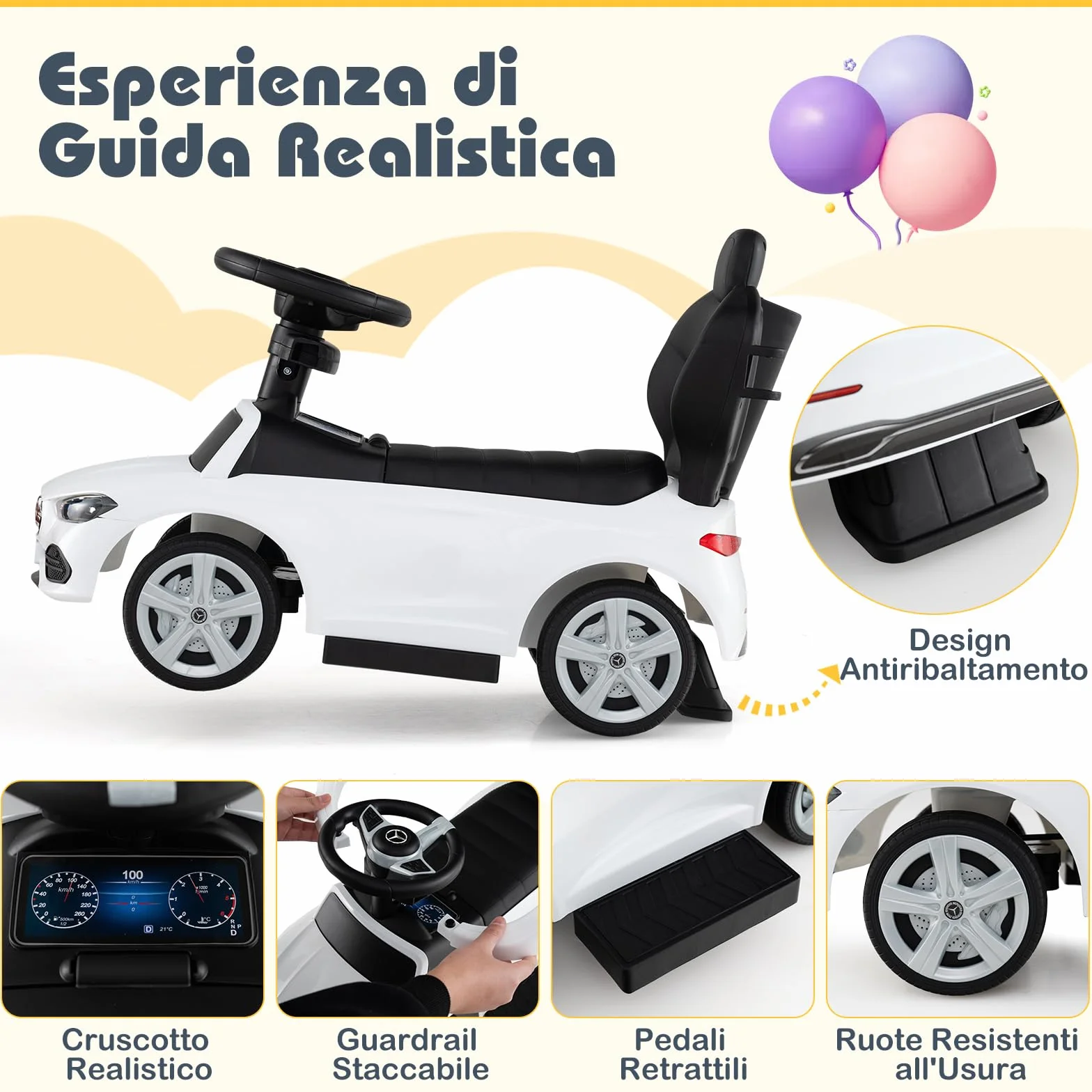 COSTWAY 3 in 1 Auto a Spinta, Mercedes-Benz Macchina Cavalcabile, con Schienale Regolabile Suono Barra di Spinta e Tettuccio, per Bambini 18-36 Mesi (Bianco)