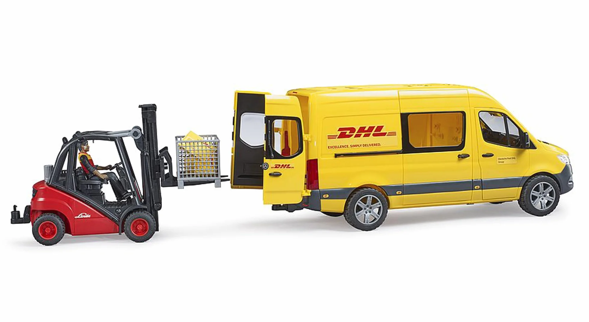 bruder - 02671 - MB Sprinter DHL con autista incluso box pallet con pacchi di spedizione, veicolo, trasportatore
