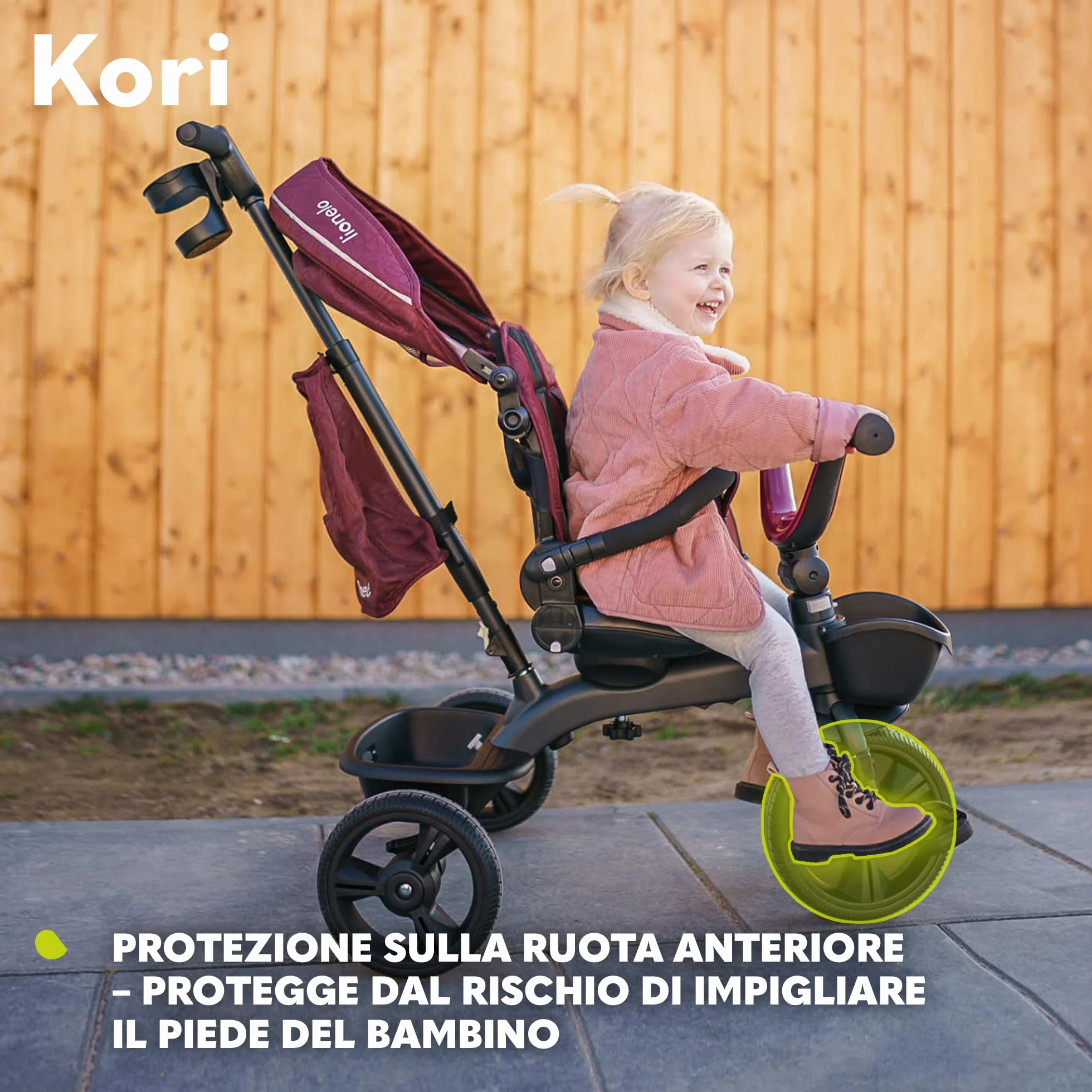 LIONELO Kori Triciclo Evolutivo per Bambini da 1.5 Anni fino a 25 kg Sedile Girevole 360° Telaio ultraleggero in lega di magnesio, Pneumatici resistenti, Maniglione per genitori e Accessori