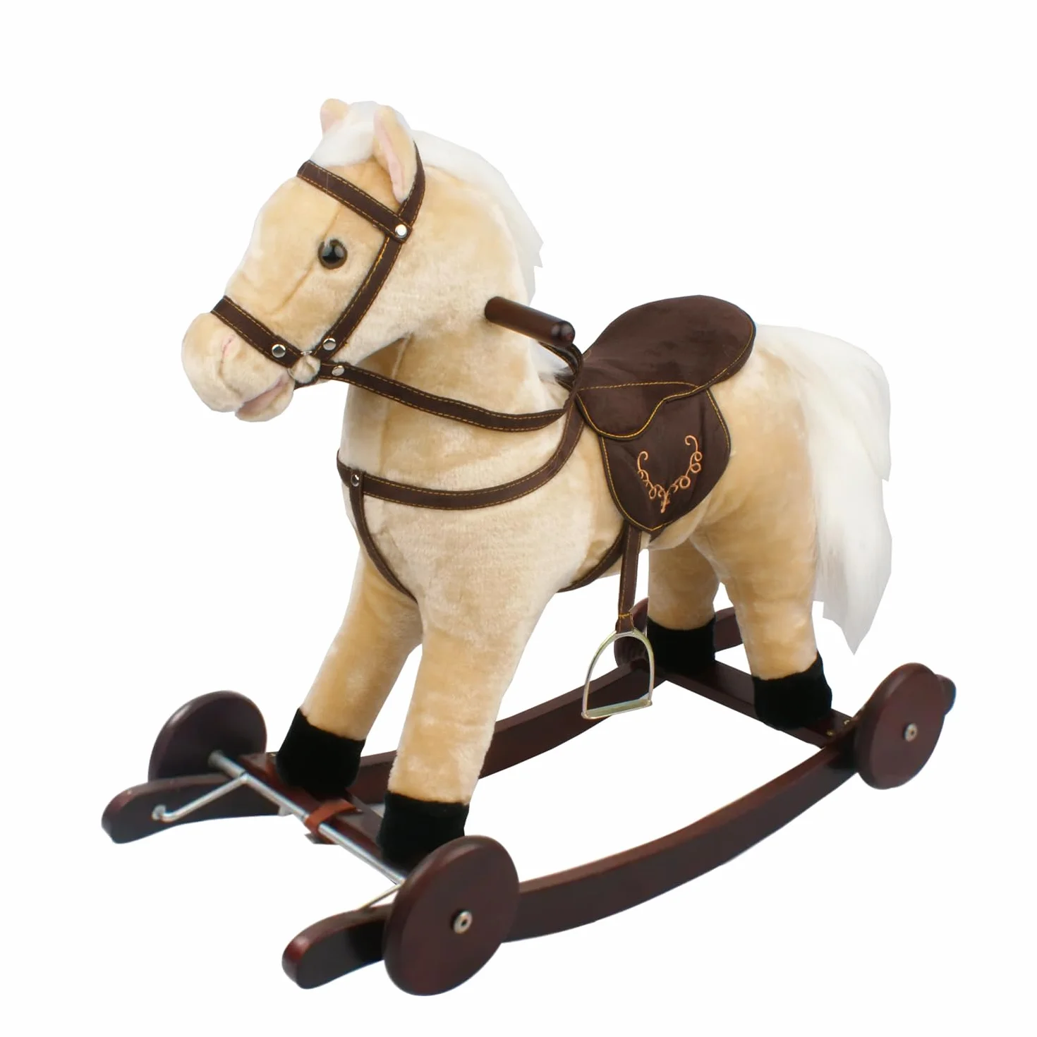 Cavallo a Dondolo Beige con Ruote, Peluche Cavalcabile, Nitrisce e Muove la Bocca