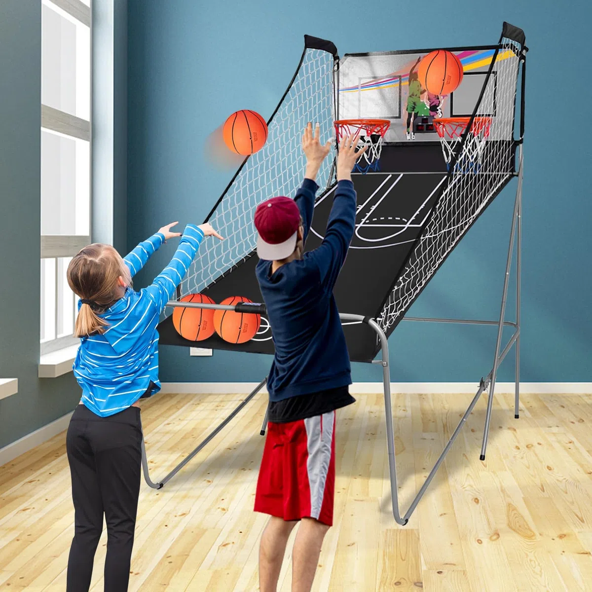 LIFEZEAL Gioco Arcade di Pallacanestro pieghevole, doppio cestino da Basket con 8 modalità di gioco e contatore per 2 persone, rete di sicurezza, telaio in metallo, 4 palloncini, 1 pompa (B)