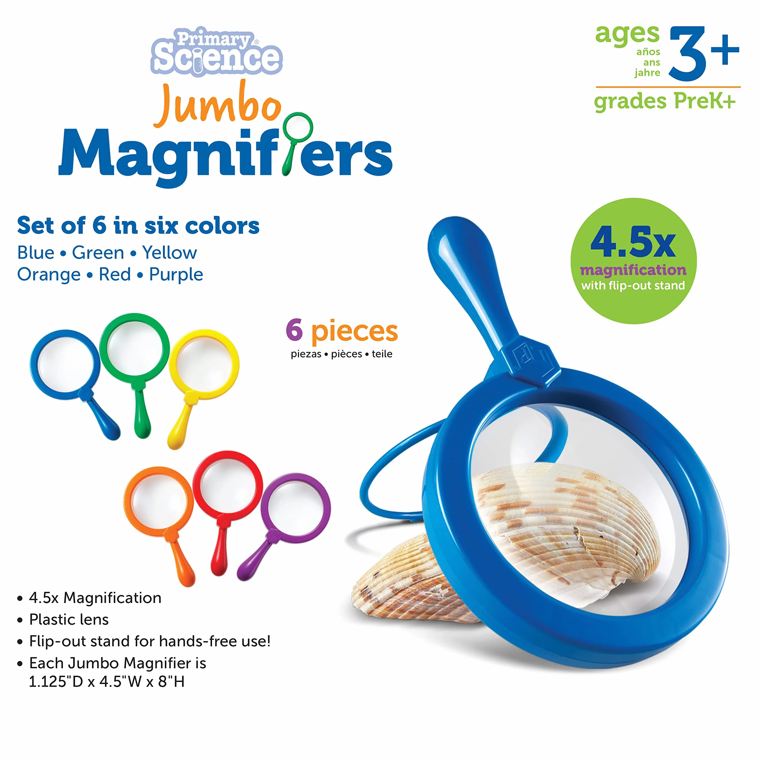 Learning Resources Lenti d’Ingrandimento Jumbo – Set da 6 per Bambini 3+, Lenti Educative con Ingrandimento 4,5X e Supporto Integrato per Esplorazione Scientifica