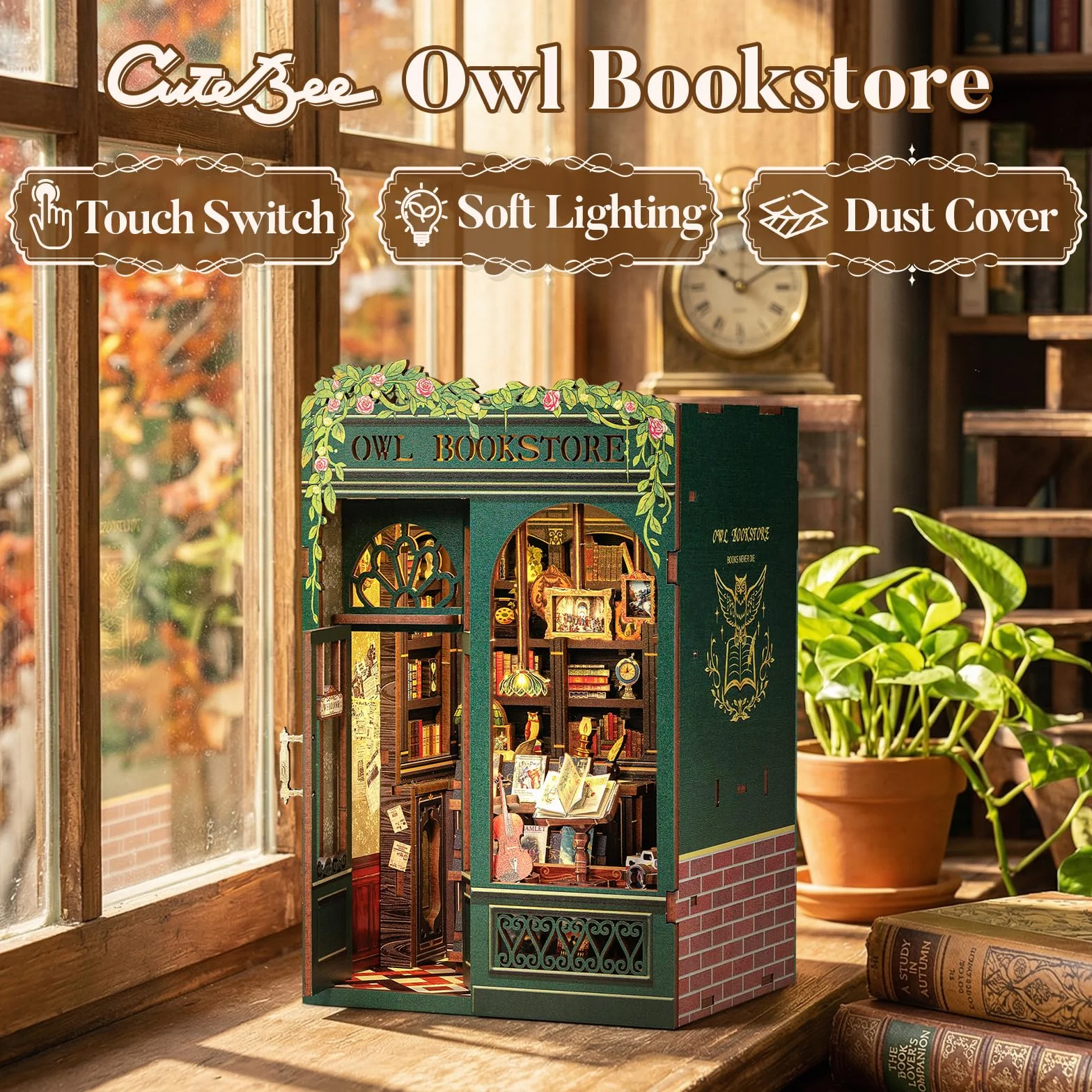 CUTEBEE Book Nook Kit - Casa Bambole in Miniatura da Costruire, Own Bookstore Booknook Puzzle in Legno 3D, Set Creativo per la Decorazione della Libreria, Regali per Familiari e Amici