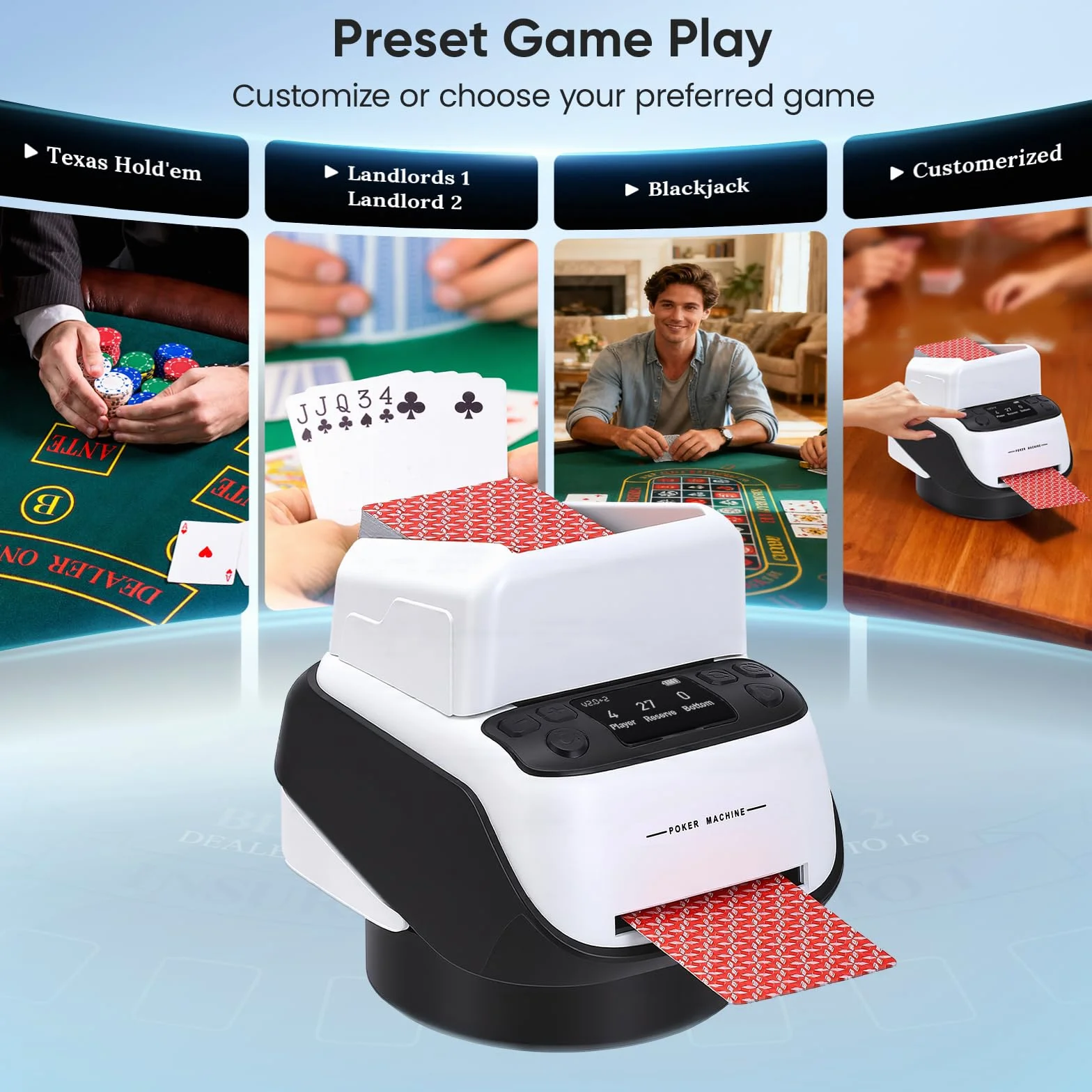 Distributore automatico di carte con telecomando – 4 mazzi, fino a 8 giocatori, generatore di carte elettrico per poker, ONU, Texas Hold'em – con estensione della carta, distanza di lancio regolabile