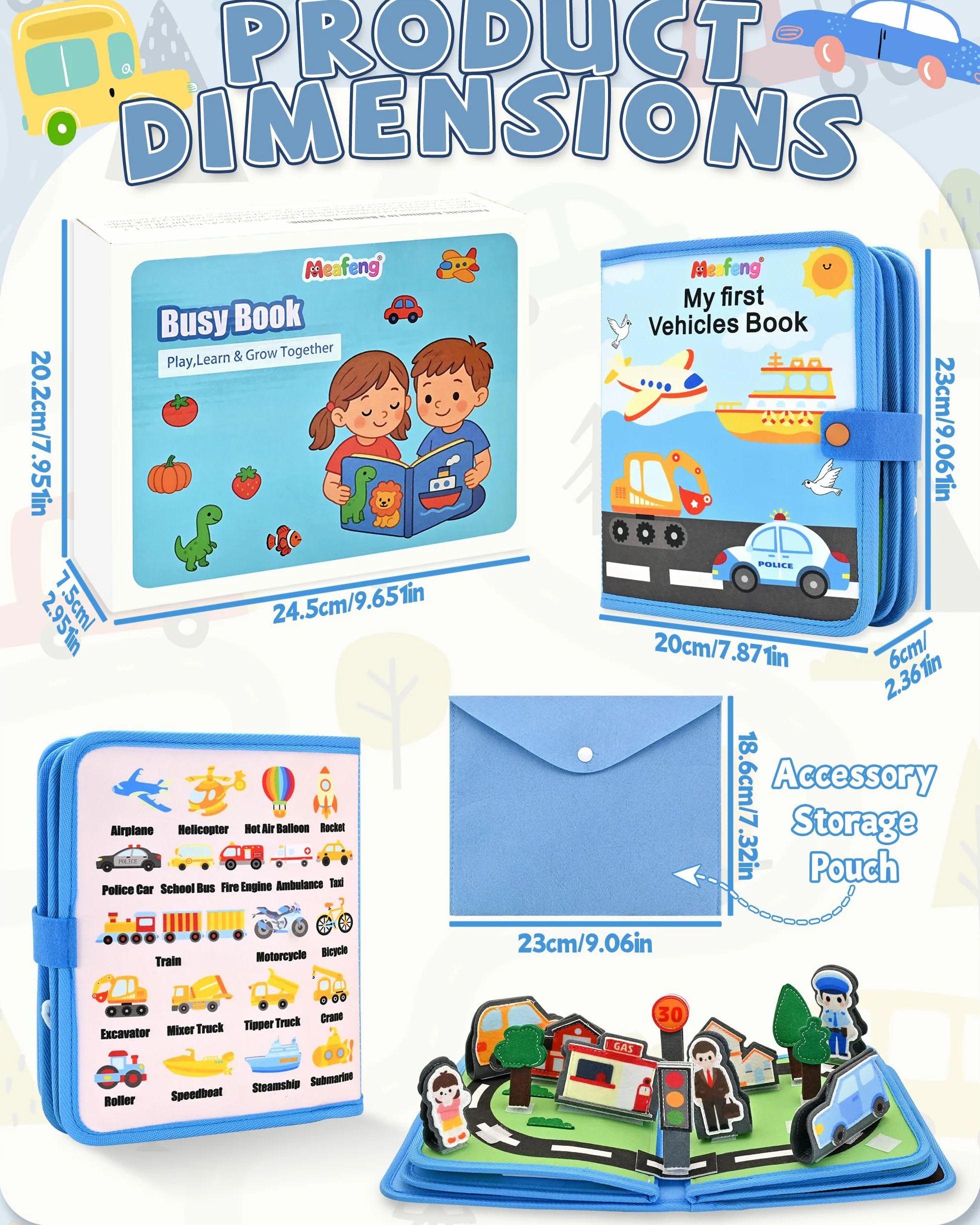 Libro Montessori Interattivo 1 Anno – Busy Board Sensoriale Educativo con Tema di Trasporto, 10 Pagine di Attività, Giochi Montessori per Bambini 1-3 Anni, Regalo Didattico e Creativo