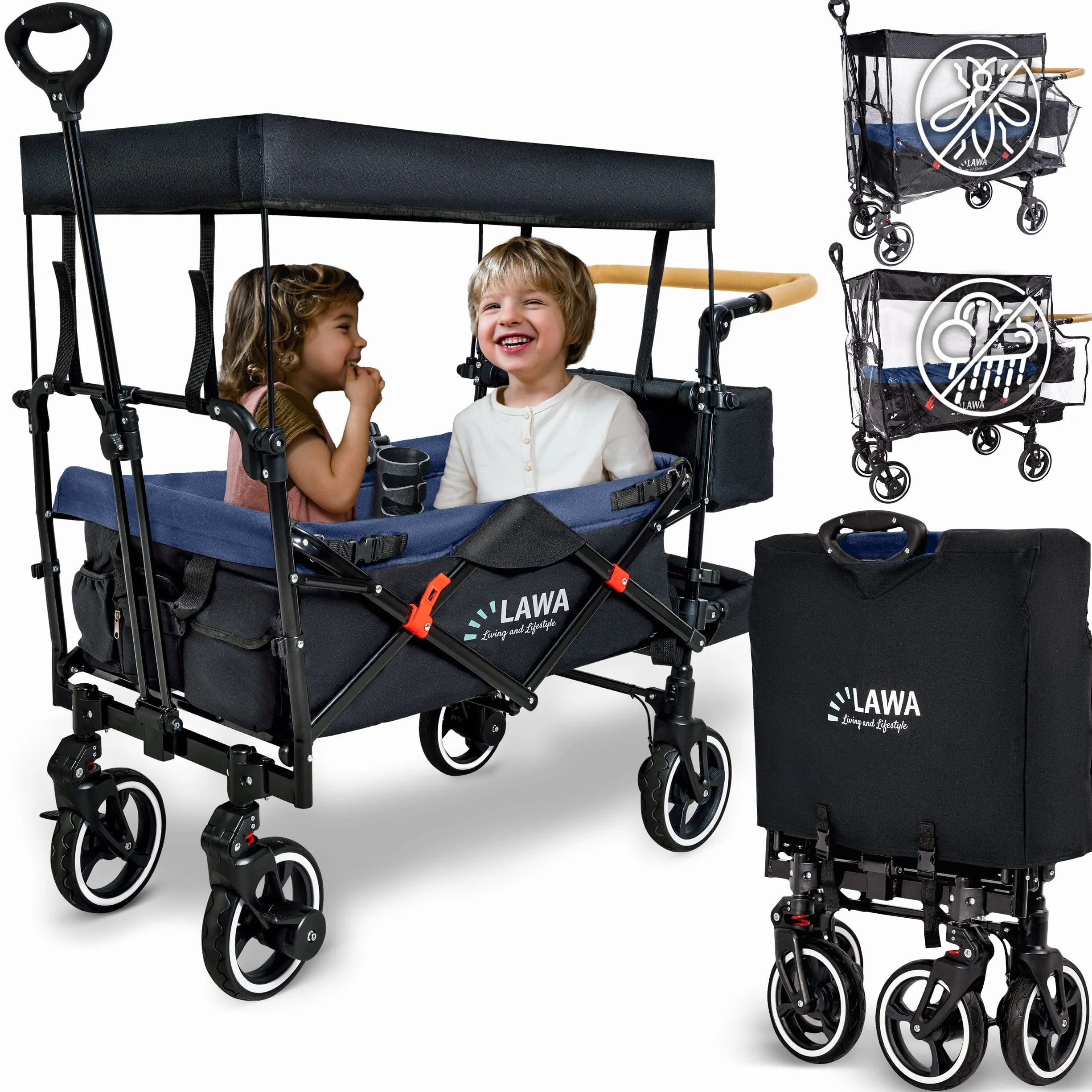 Carrello a spinta con tetto carrello campeggio carretto con tetto carrello da spiaggia bambini Cofano antipioggia Zanzariera Tazza Freno Ammortizzatore portata 80 kg 1-8 anni bambino carro pieghevole