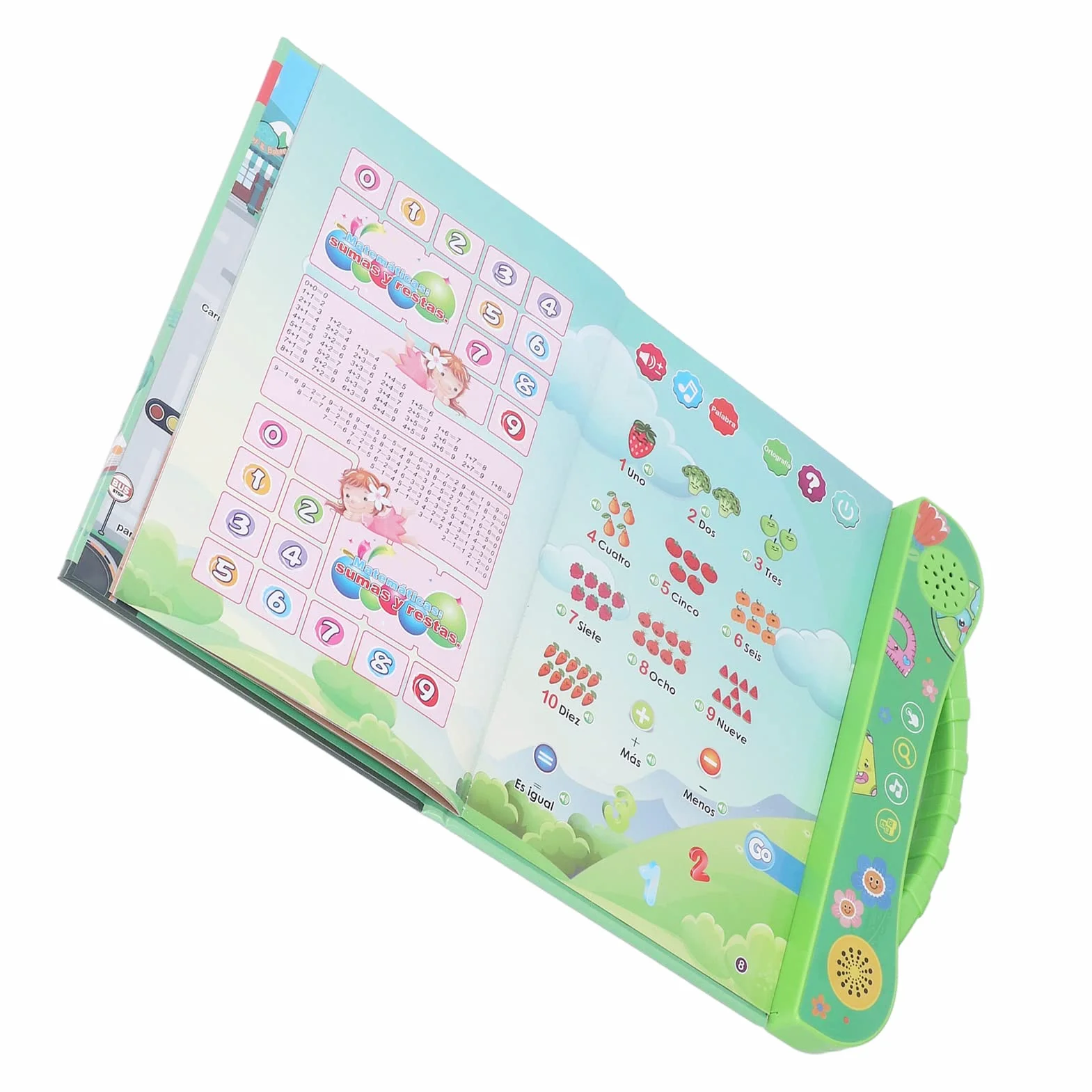SIXRUN Libro Sonoro Educativo Interattivo Parlante Spagnolo per Bambini con Giochi e Storie, Impara lo Spagnolo per Bambini Verde, Plastica 10,0x9,1 Pollici