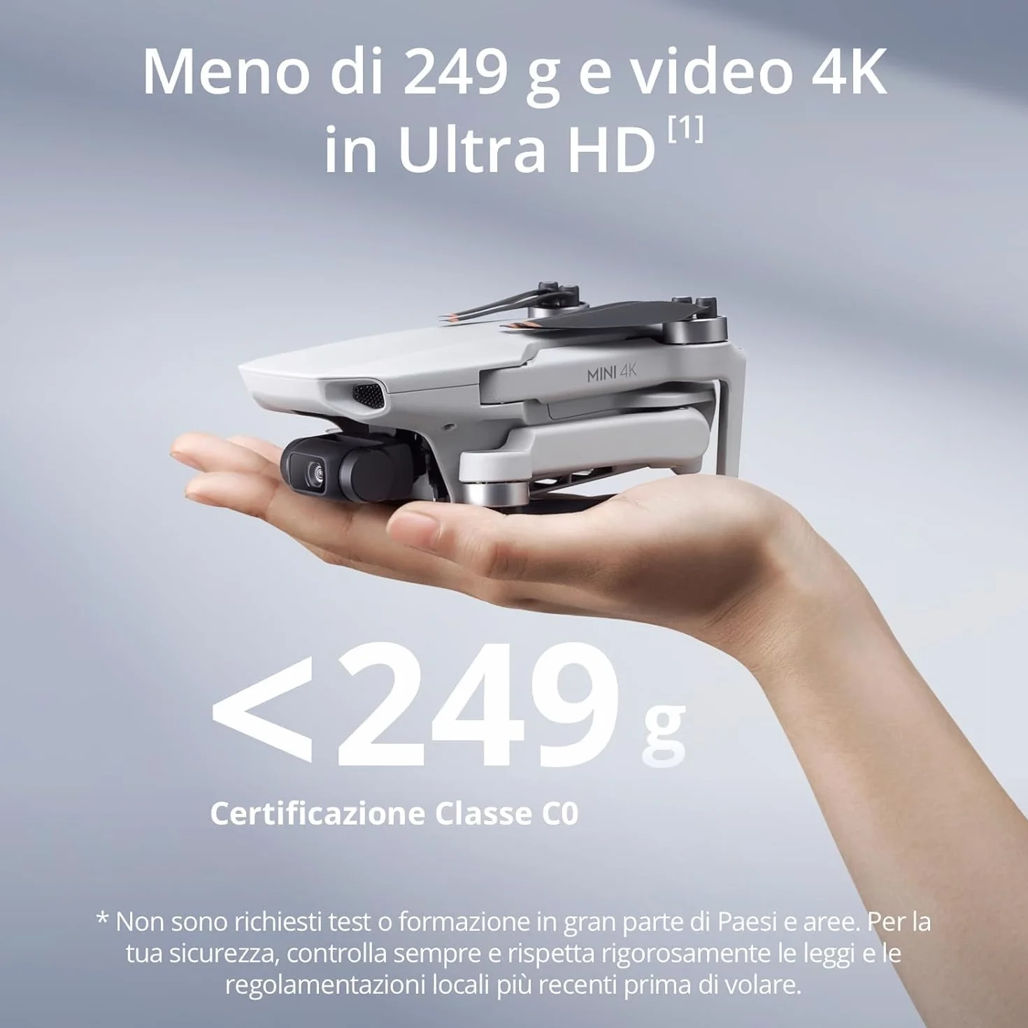 DJI Mini 4K, drone per adulti, fotocamera 4K HD, < 249 g, stabilizzatore 3 assi, trasmissione video 10 km, return automatico, resistenza al vento, 1 batteria per tempo di volo 31', volo intelligente