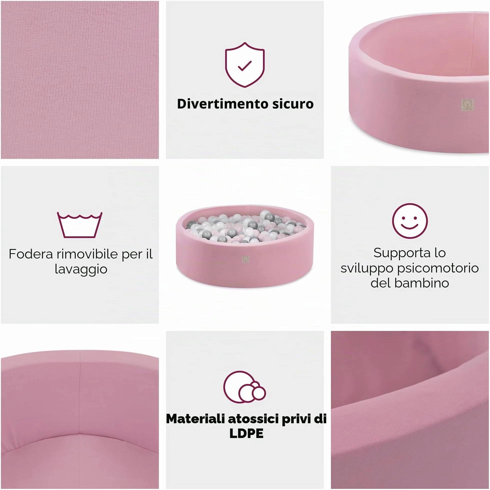 MISIOO Smart Piscina di Palline 90 x 30 cm Rotondo per Bambini (Rosa: Argento-Perla-Rosa chiaro/150 Palle)