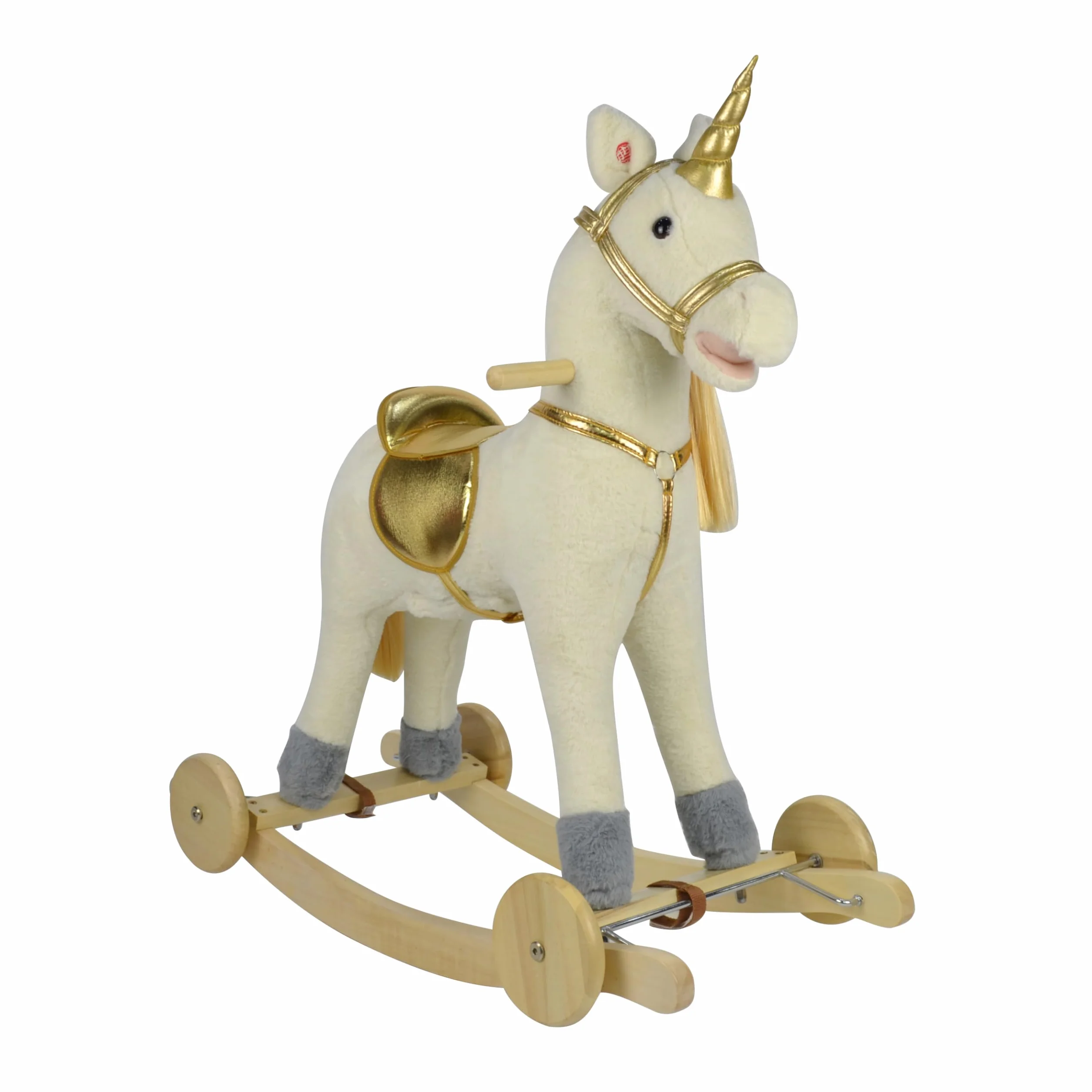 Cavallo a Dondolo per Bambini 36-72 Mesi Unicorno a Dondolo Cavalcabile in Legno e Peluche con Rotelle Suoni e Movimenti Realistici 74x30x62 cm (Bianco e Oro)