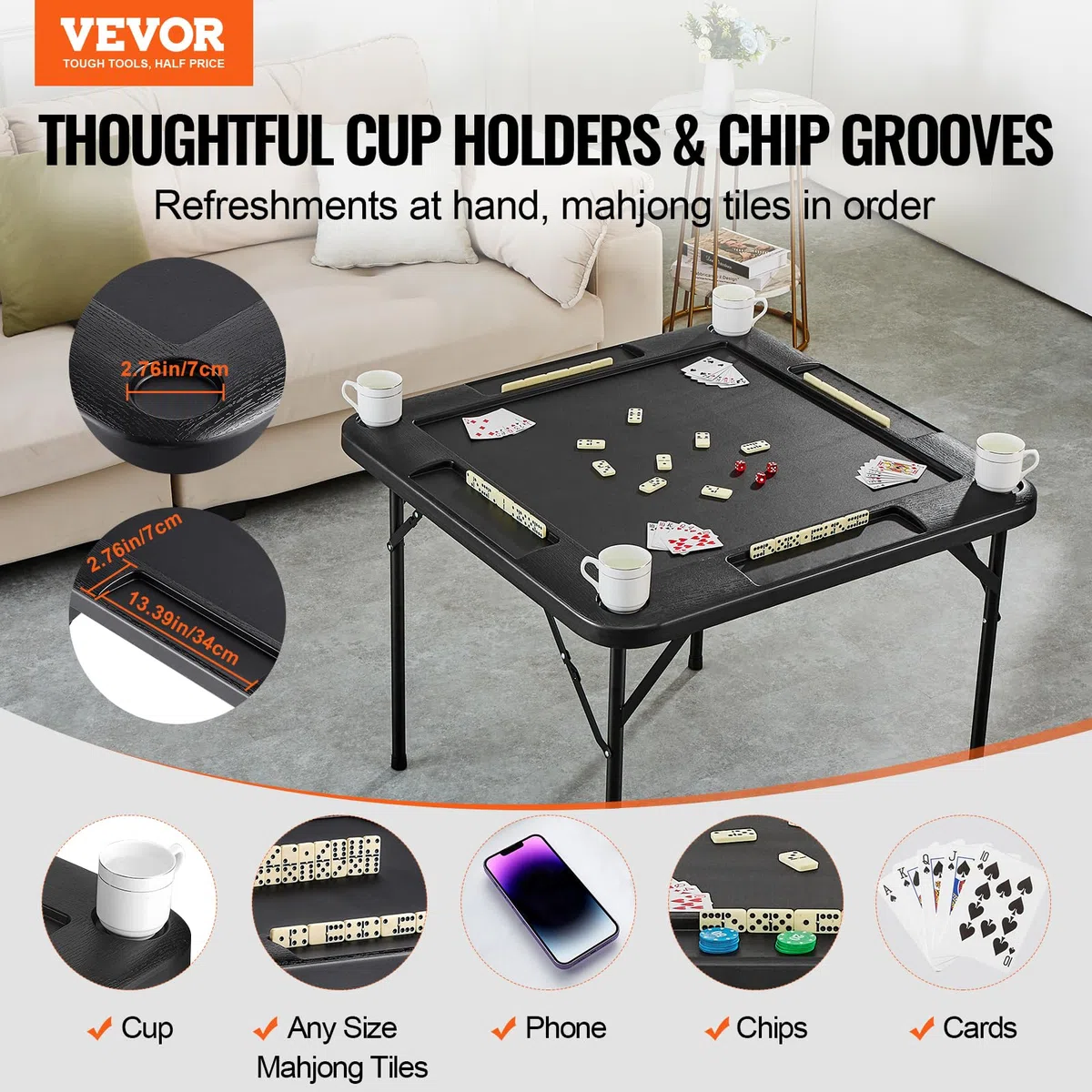 VEVOR Tavolo Mahjong Pieghevole Quadrato 4 Giocatori con Portabicchieri e Vassoi, 900 x 900 mm