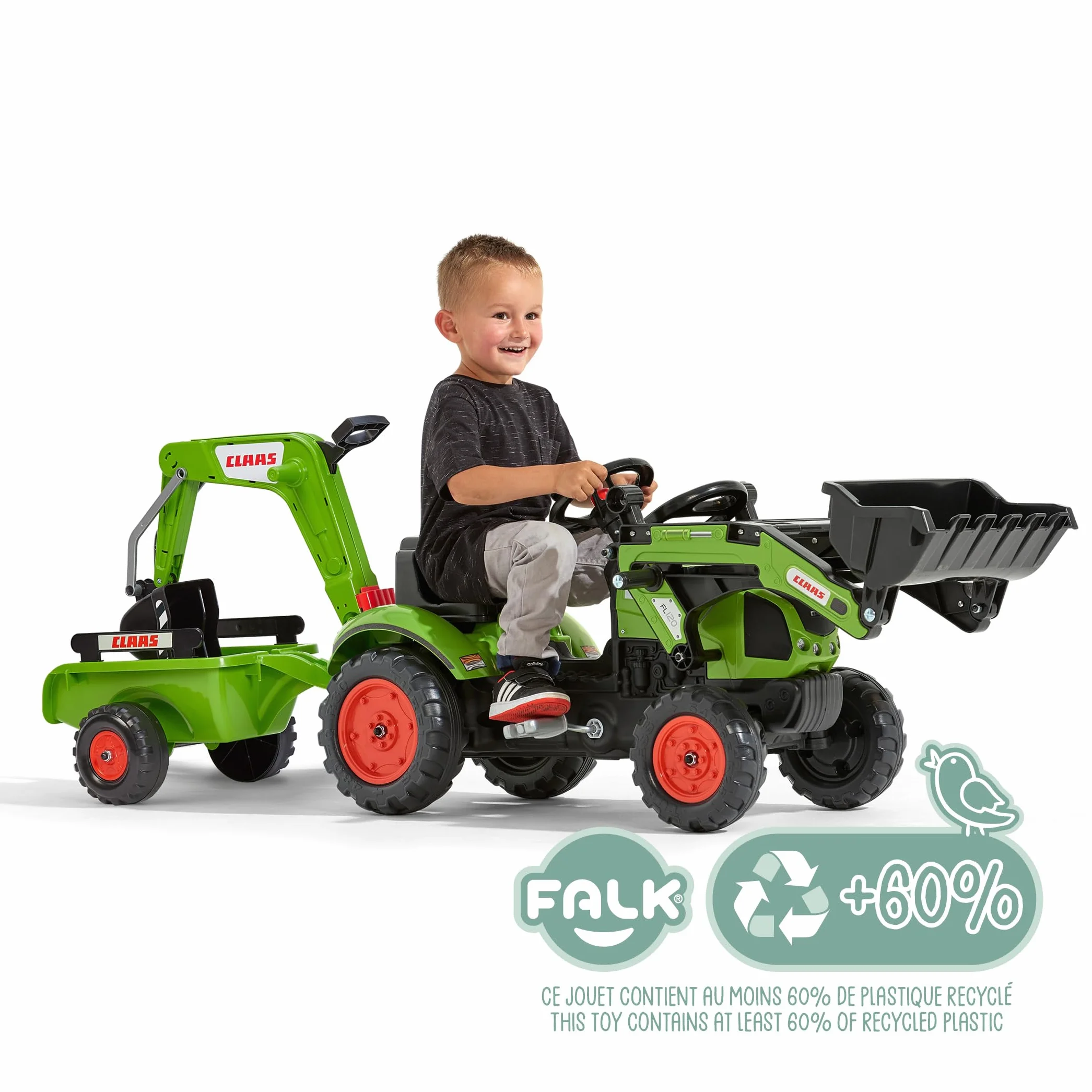FALK Retroescavatore a pedali Claas con escavatore e rimorchio - Made in France - 2040N