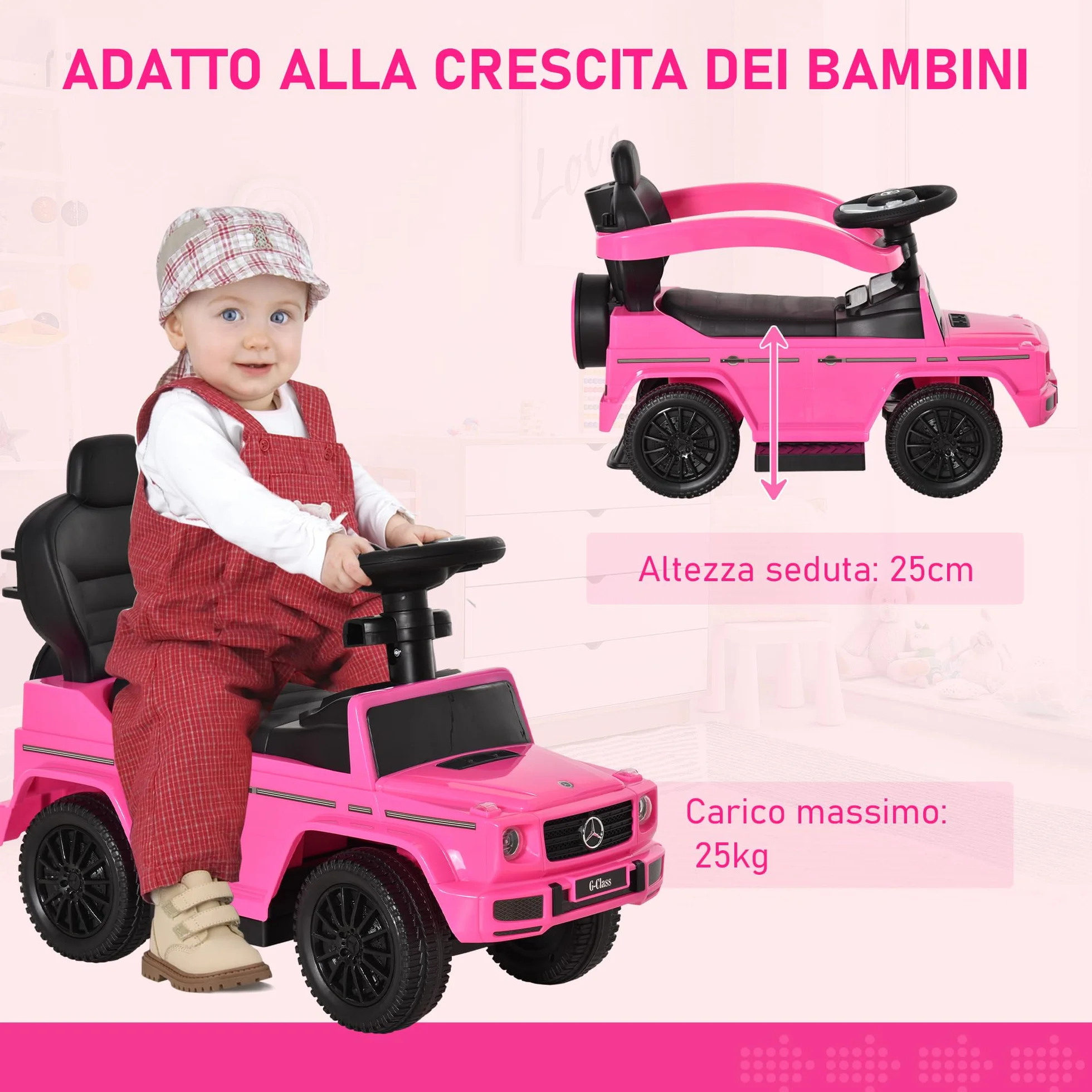 HOMCOM Macchina a Spinta per Bambini 12-36 Mesi con Licenza Mercedes-Benz G350, Giocattolo Macchina Cavalcabile con Tettuccio e Maniglia di Spinta, 85.5x40.5x95 cm, Rosa