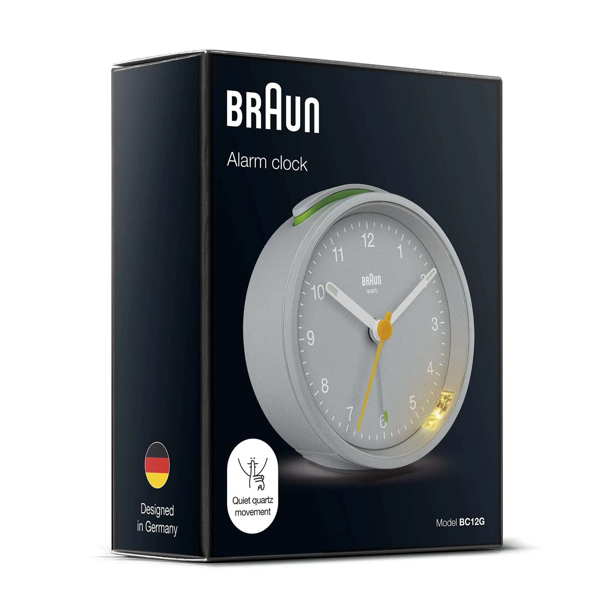 Braun Sveglia analogica Classic con snooze e luce, movimento al quarzo silenzioso, allarme sonoro in crescendo, grigio, modello BC12G.