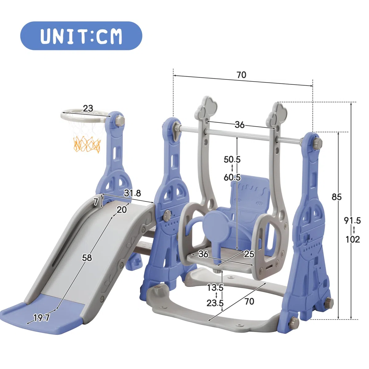 Scivolo per Bambini 4 in 1, scivoli all'aperto e al coperto, con cesto da basket, basket, altalena, scivolo e scaletta da arrampicata, area giochi al coperto e all'aperto (blu-2)
