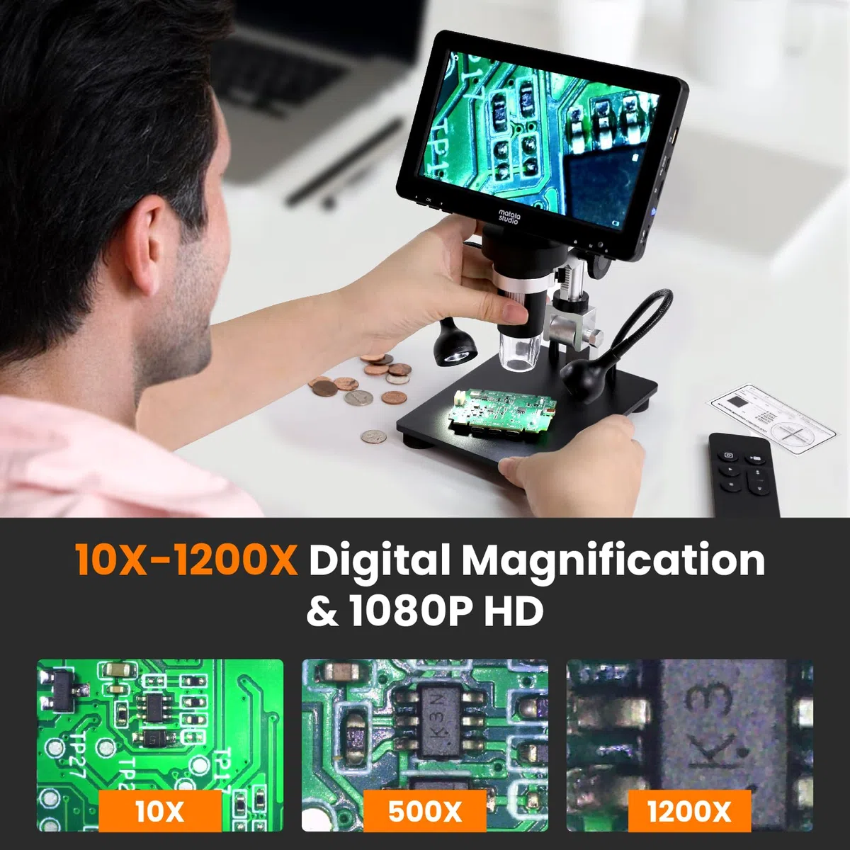 Matatastudio Microscopio digitale MT2 1200X HDMI con schermo IPS HD da 7'', Microscopio di saldatura con lente d'ingrandimento per monete 1080P per bambini e adulti, 10 luci LED, compatibile con