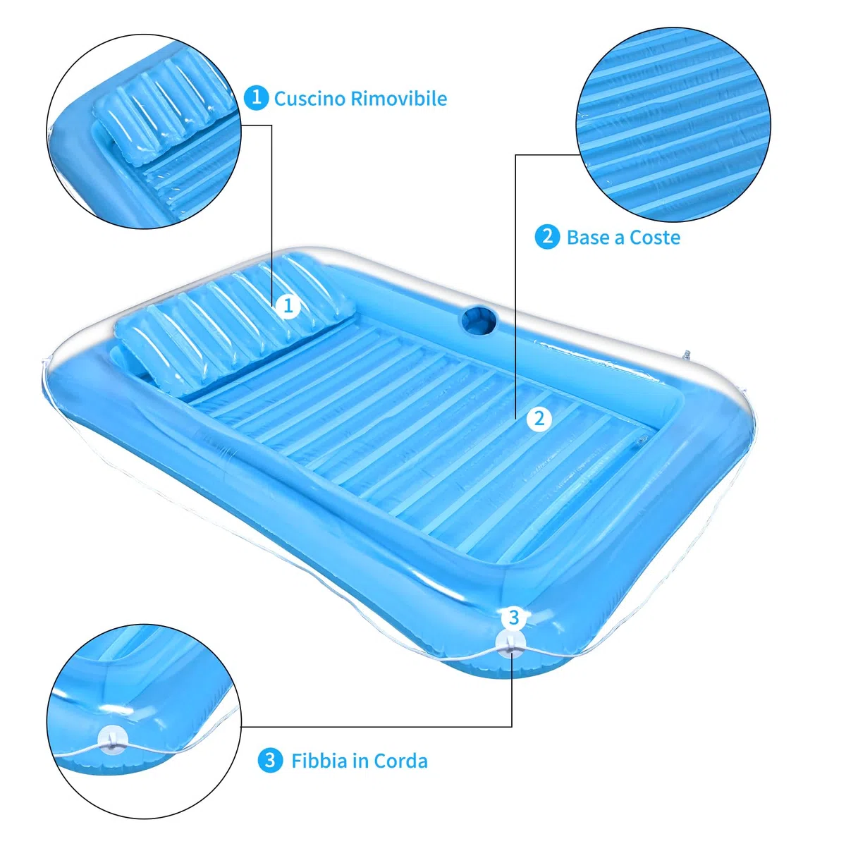 GOLDGE Materassino Piscina Gonfiabile 180 x 120 cm Lettino Galleggiante con Cuscino Portabicchieri per Adulti