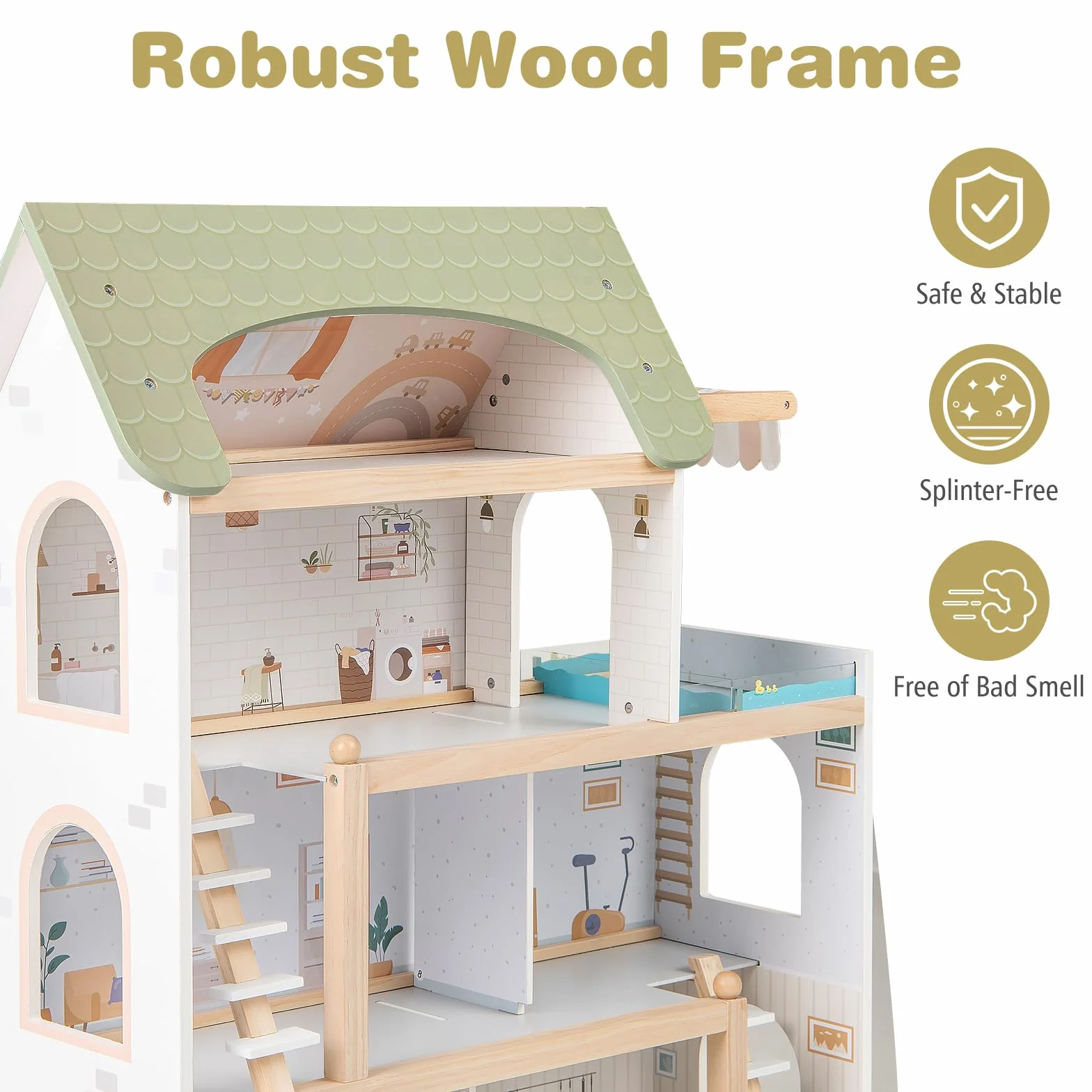 HOMASIS Casa delle Bambole in Legno per Bambini, Bella Casa da Sogno Principessa per Bambole, Casseta da Gioco per Bambini 3+ Anni (Modello 2, 63 x 25 x 78 cm)