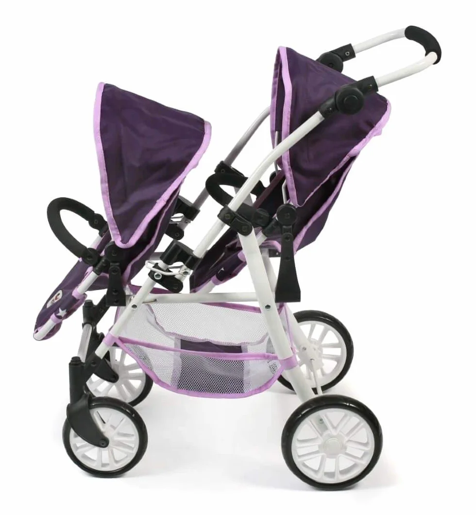 Tandembuggy Twinny - Passeggino gemellare per due bambole, passeggino per bambini dai 4 agli 8 anni, motivo: stelle viola