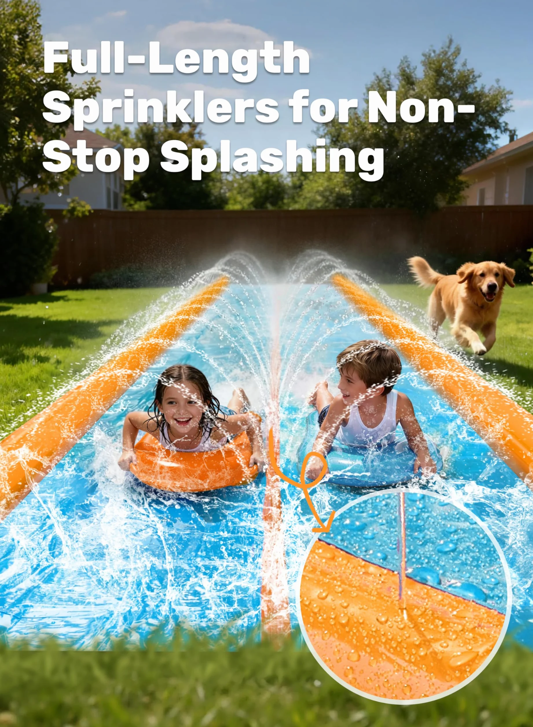 Sloosh 762 × 183 cm doppio scivolo d'acqua per prato con irrigatore e 2 tappetini gonfiabili