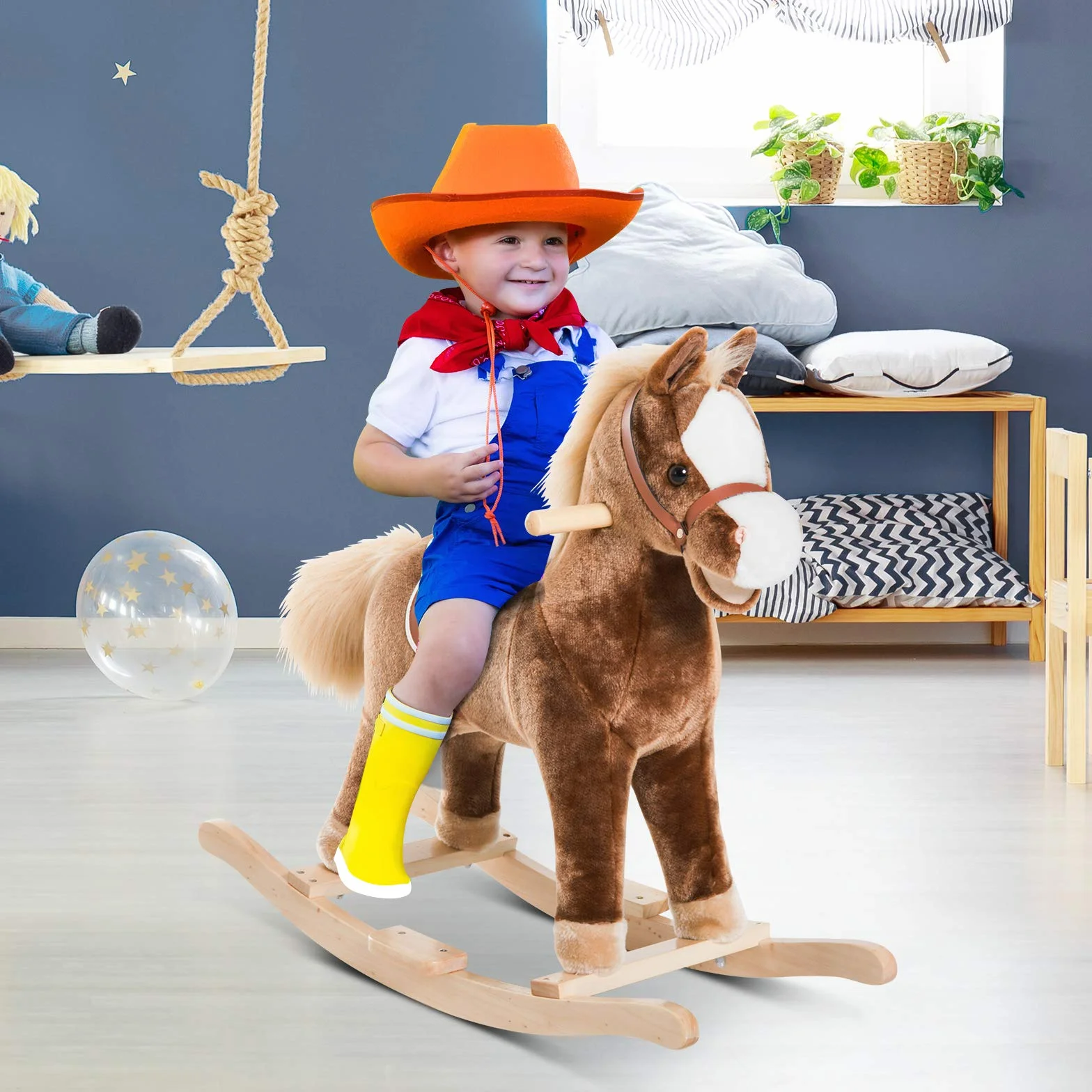 HOMCOM Cavallo a Dondolo per Bambini in Legno, Giocattolo Cavalcabile per Bambini in Peluche, 74x33x62 cm, Marrone