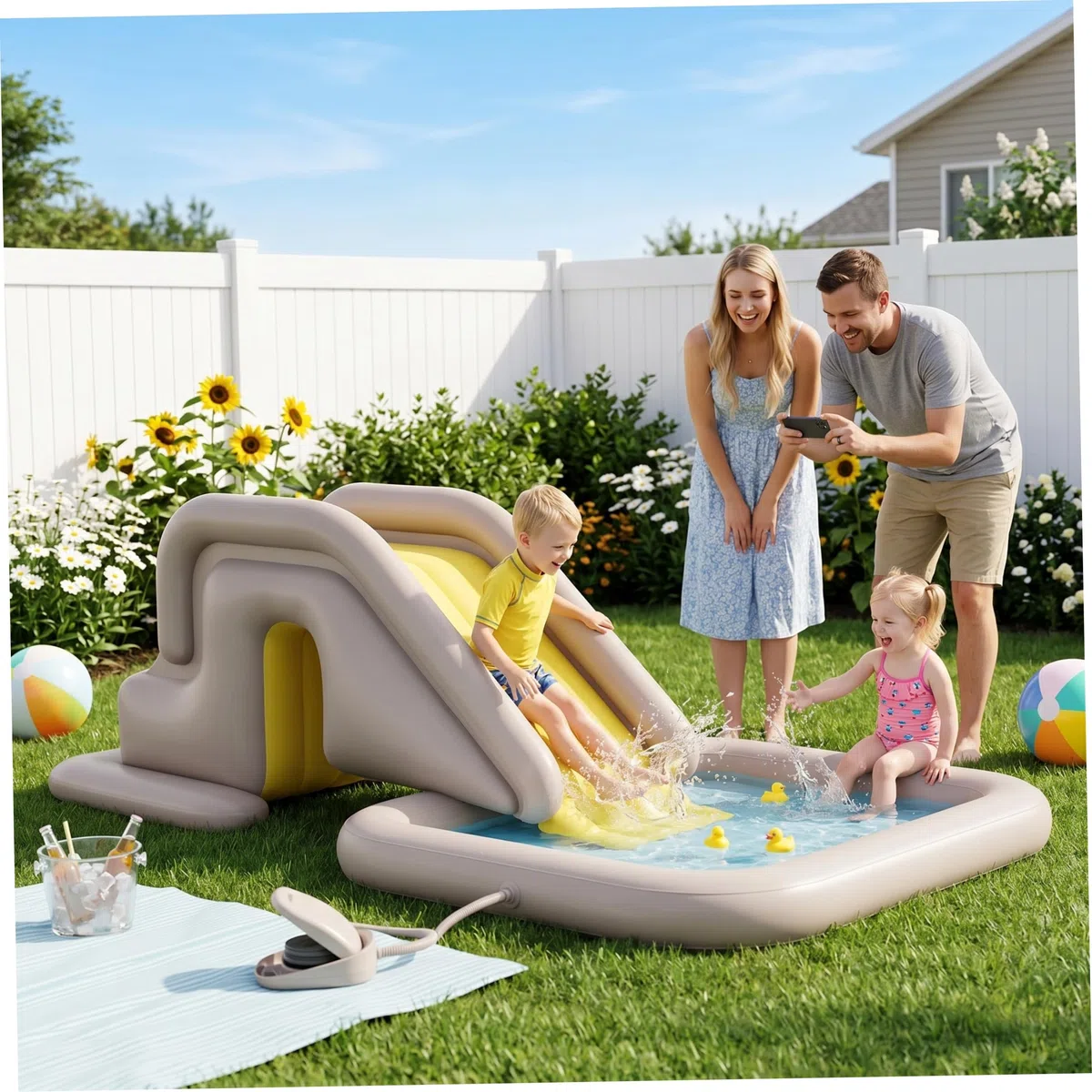 Scivolo Gonfiabile per Piscina con Pompa a Pedale, PVC per Interni/Esterni, Base Riempibile con Acqua