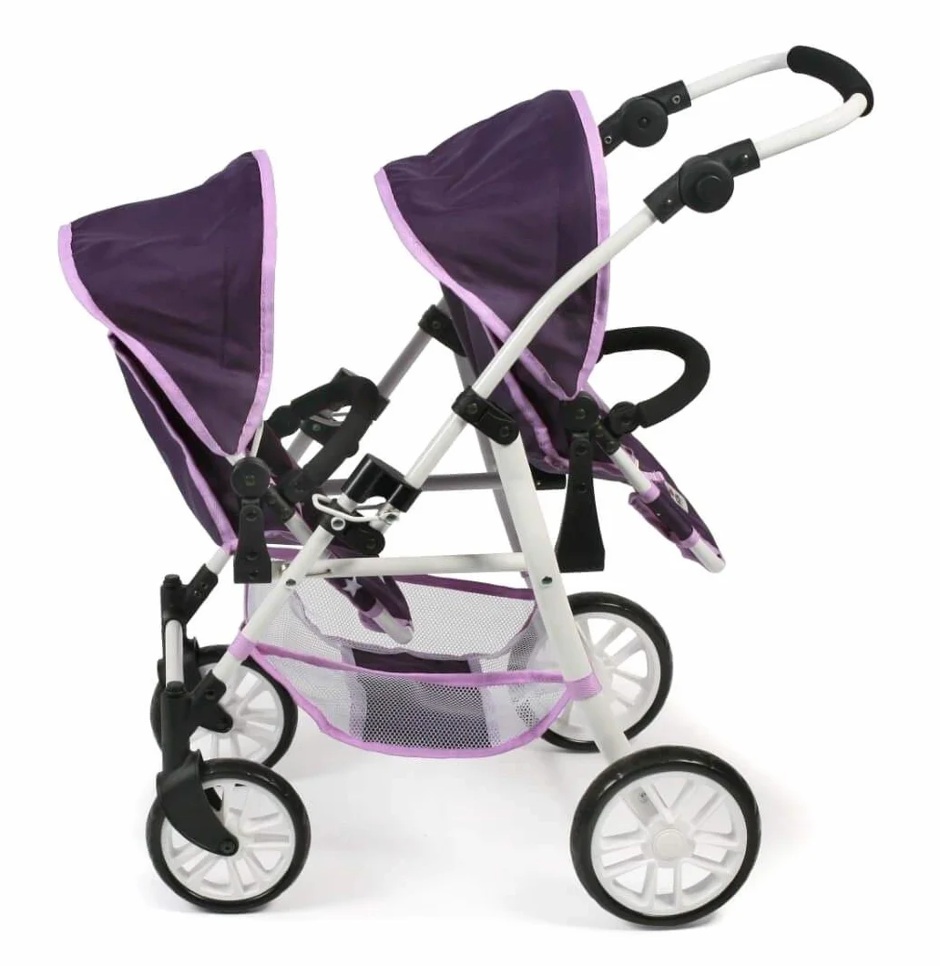 Tandembuggy Twinny - Passeggino gemellare per due bambole, passeggino per bambini dai 4 agli 8 anni, motivo: stelle viola
