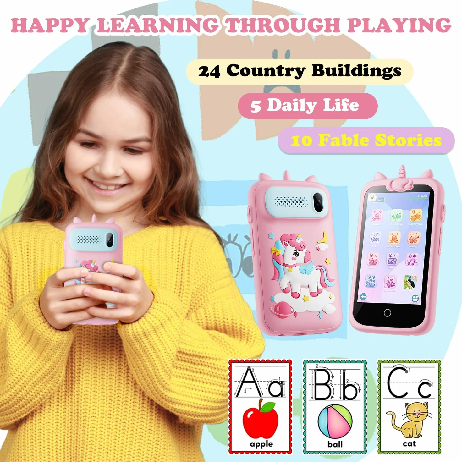 Smartphone Giocattolo per Bambini, 3.97" Cellulare Giocattolo Regalo Natale/Compleanno, 200+ Puzzle Gioco Smartphone Bambini, 2000mA Telefono Finto per 3 ai 12 Anni (Blu) (D2-pink-1)