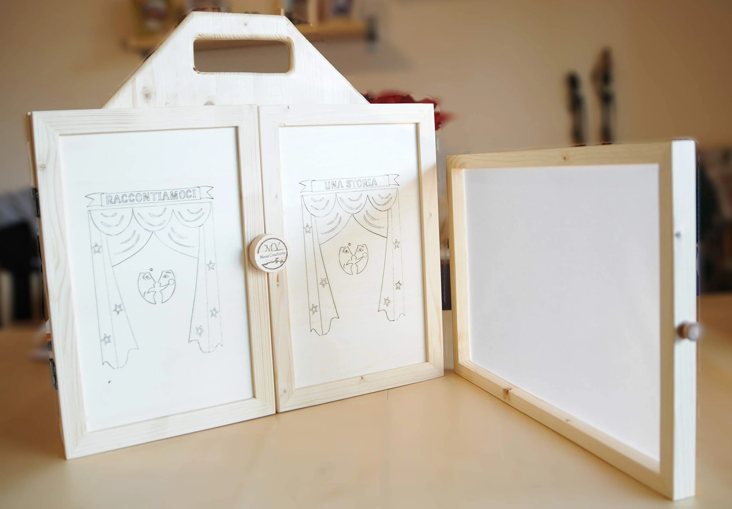 Teatrino in Legno fatto a Mano. Kamishibai. Gioco portatile per Bambini con Teatro Giapponese delle Ombre per Marionette. Japanese Paper Theater Handmade.