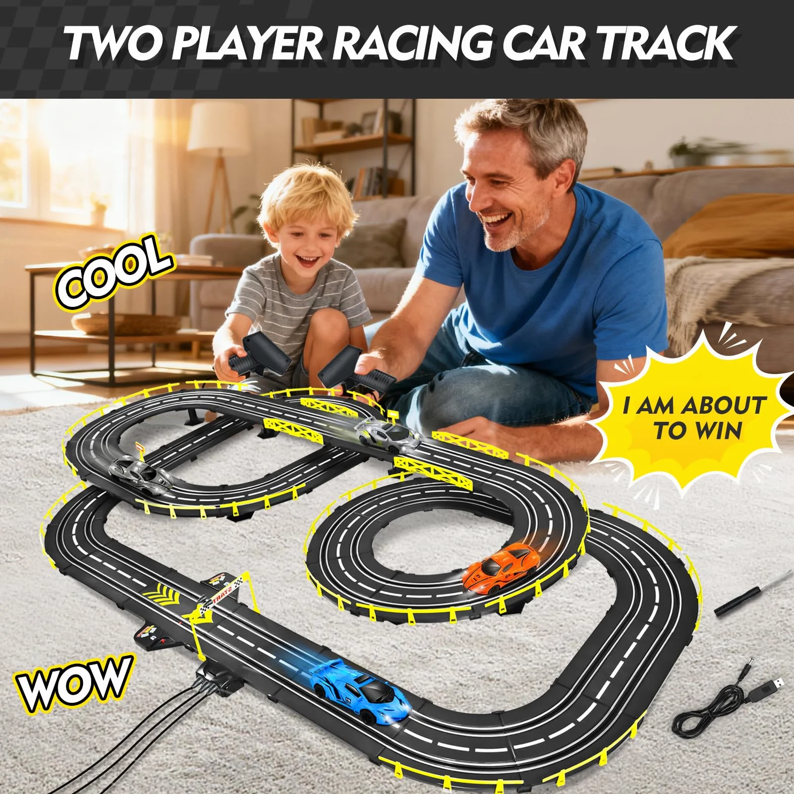 FORMIZON Pista Macchinine Telecomandate per Bambini, Set Pista da Corsa Auto Elettrica con 4 Auto da Corsa e 2 Radiocomandi, Doppia Pista Elettrica Regali Giocattolo Adatti a Bambini dai 6 Anni (B)