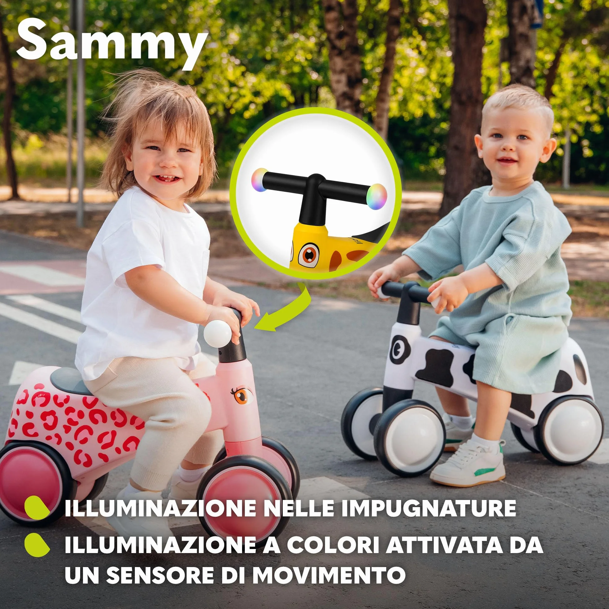 lionelo SAMMY Bicicletta Senza Pedali da 1 a 3 anni, Camminatore Bambini 4 Ruote Fino a 25 kg, Maniglie Antiscivolo con Luci 3 Design Sella Ergonomica, Per Bambine e Bambini