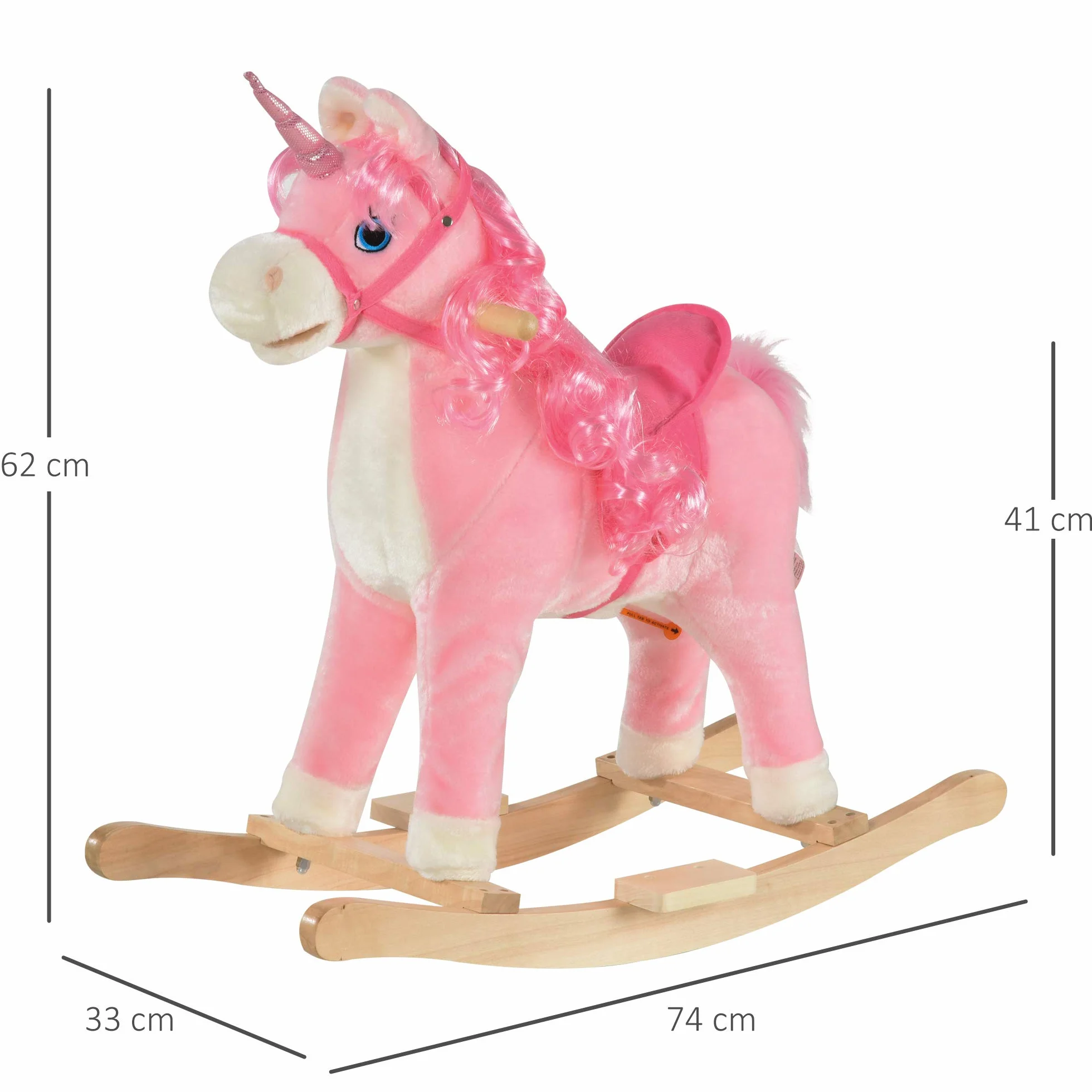 HOMCOM Cavallo a Dondolo per Bambini 36-72 Mesi, Unicorno a Dondolo con Suoni in Legno e Peluche Rosa, 74x33x62cm