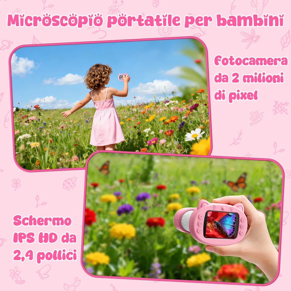 2 in 1 Microscopio Digitale e Telescopio per Bambini, 1000x Zoom, Schermo da 2,4 Pollici, Schermo HD da 2 MP, 8 Luci LED - Un Regalo Perfetto per Bambini Dai 6 ai 12 Anni