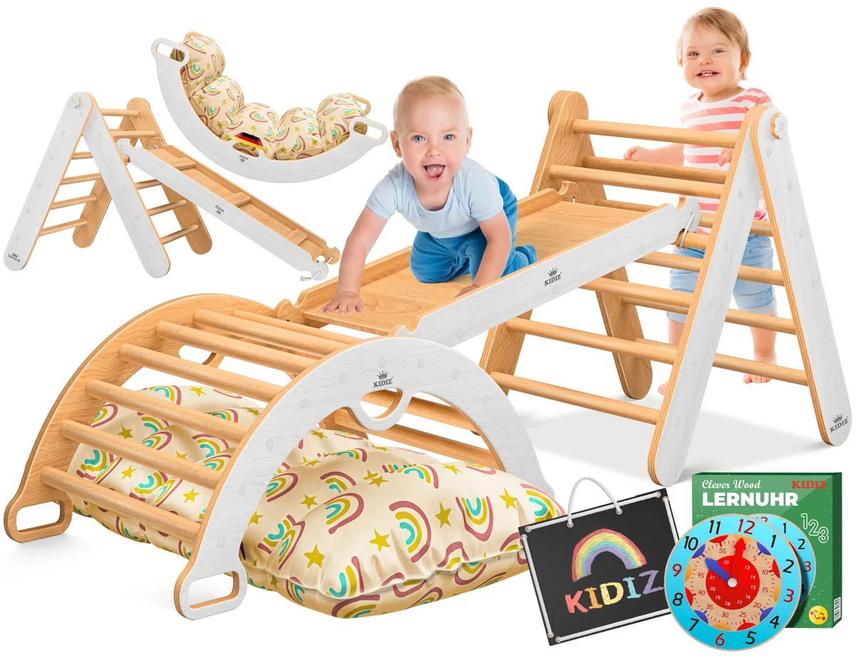 Kidiz Montessori Set di gioco 7 in 1 arrampicata scivolo triangolo legno cuscino lavagna orologio didattico