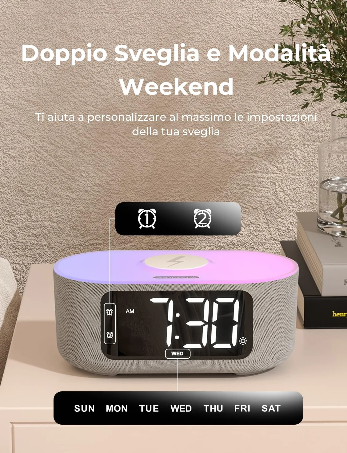 LIORQUE Sveglia Digitale Da Comodino Con Ricarica Wireless Da 15 W, Bluetooth,Doppi Allarmi, Snooze, Luce Noctturna, Timer Di Spegnimento, 10 Luminosità, 16 Livelli Di Volume,per Camera Da Letto