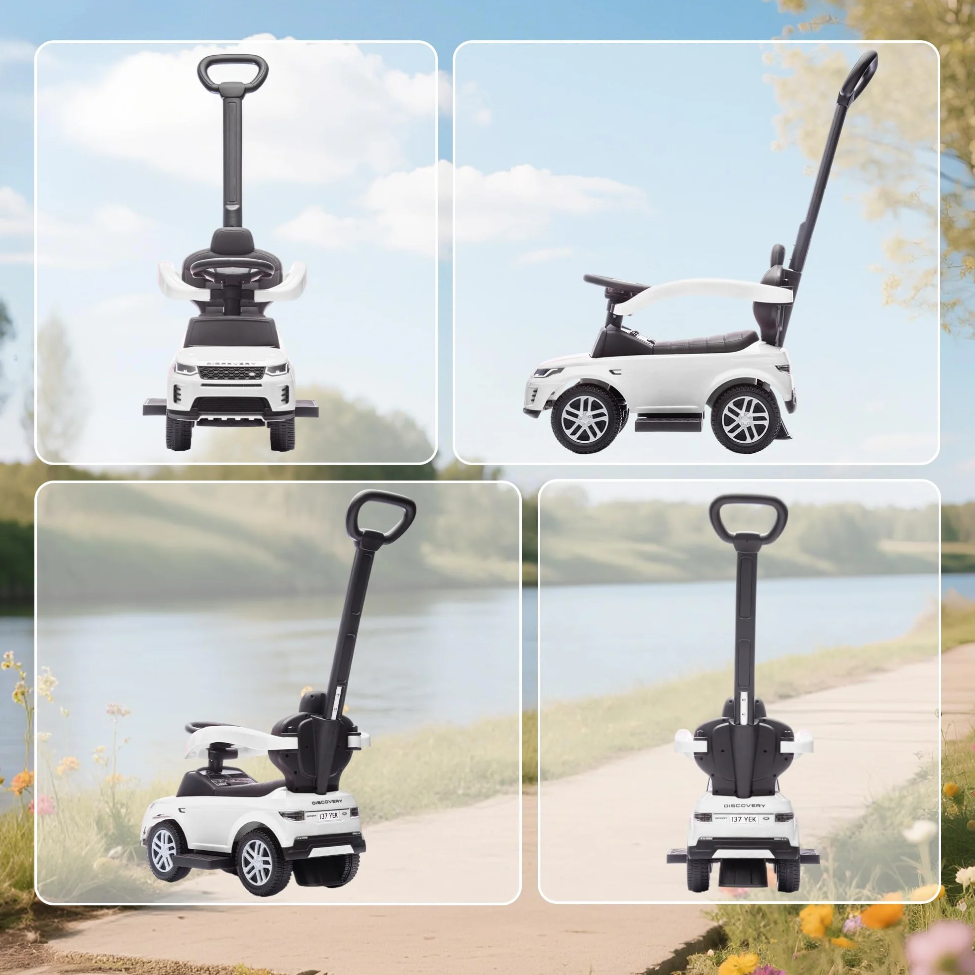 AIYAPLAY Macchina Primi Passi Cavalcabile per Bambini 1-3 Anni Licenza Land Rover Discovery con Maniglione e Barriera a 360°, Passeggino per Bambini in PP e Acciaio, 84x40x94.5 cm, Bianco