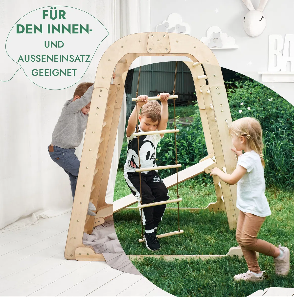 Montessori Struttura in Legno per Bambini, Parco Giochi con Scivolo, Altalena, Parete da Arrampicata, Corda, Scala a Maglia 3-8