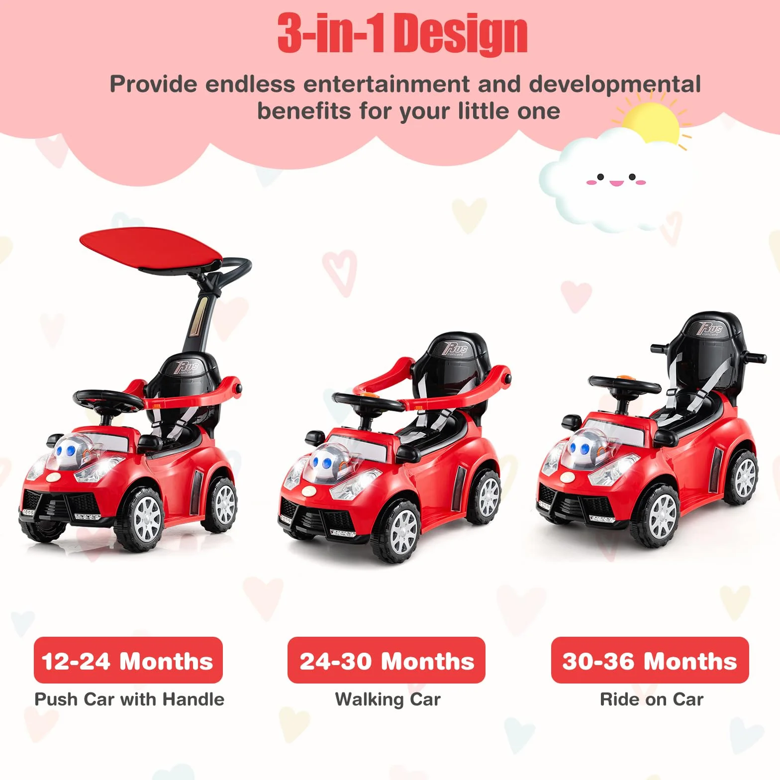 SOARS Macchina Cavalcabile per Bambini 1-3 Anni, Cavalcabile Bambino 3 in 1, Carpot & Maniglia Rimovibili, Guida Realistica con Volante, Clacson, Musica, Carico 25 KG, Regalo Ragazza Ragazzo (Rosso)