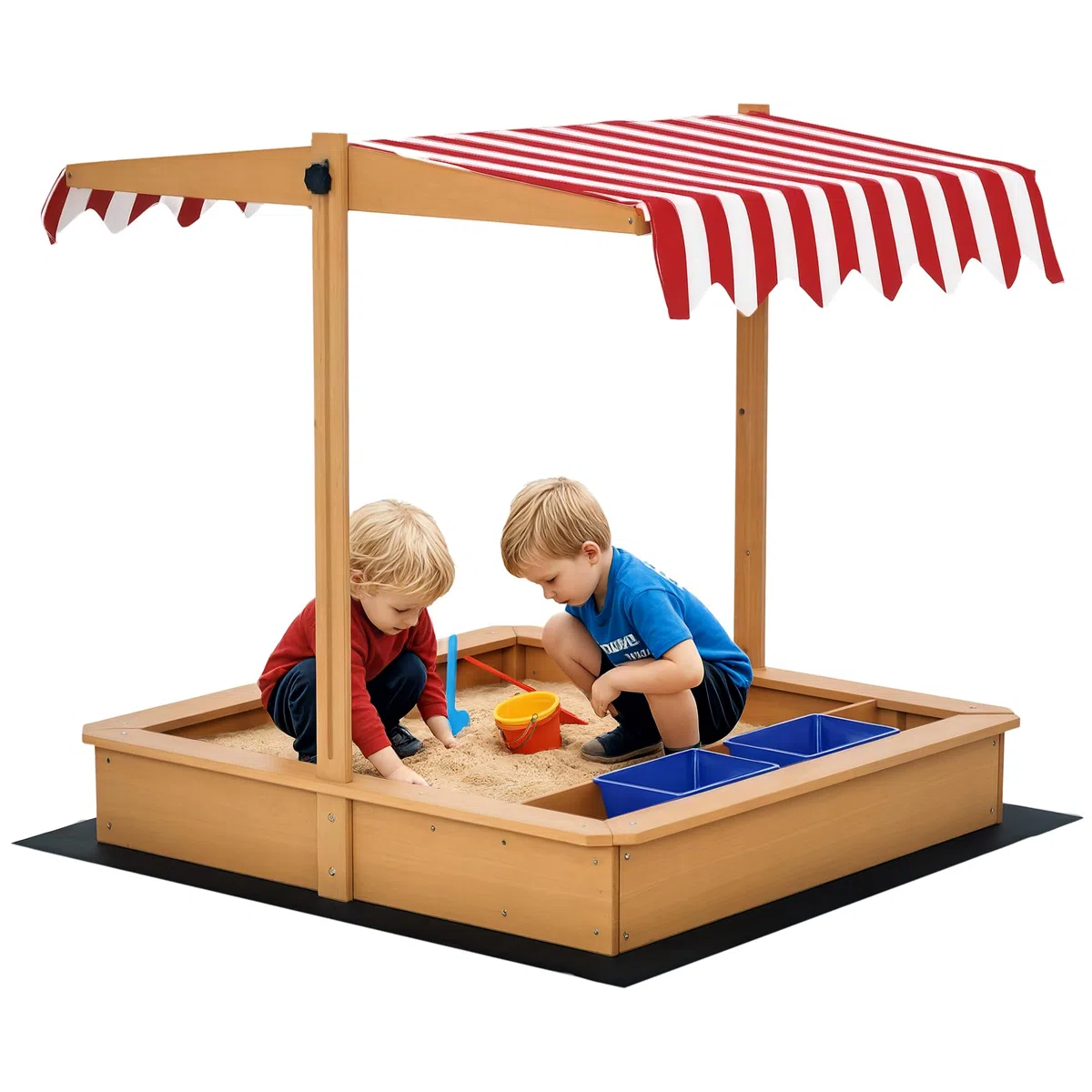 Outsunny Sabbiera per Bambini in Legno con Tettuccio Regolabile in Altezza, Gioco da Giardino con Sedute sui Bordi e Vaschette, 107.5x107.5x100cm